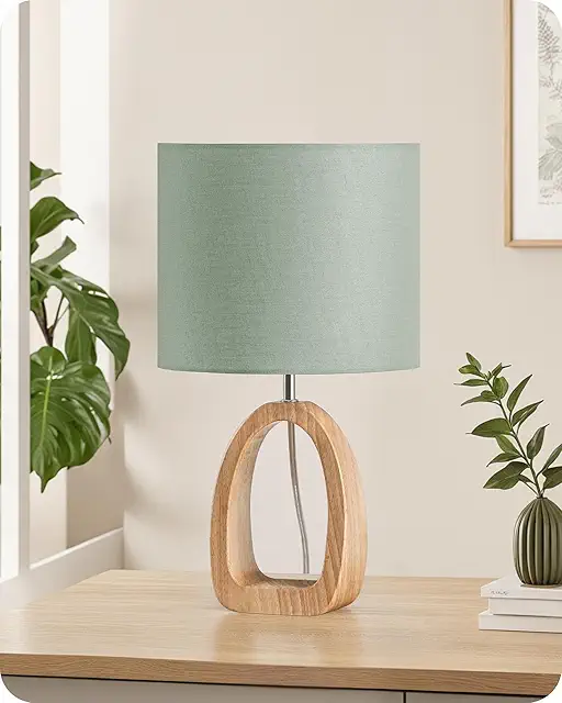Bean Green Wood Table Lamp with Linen Shade - Modern Bedside & Desk Light