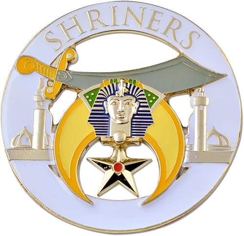 Shriners Round Masonic Auto Emblema - [Blanco y Oro] [3'' de diámetro]