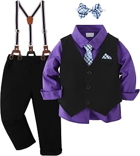 Toddler Suit Baby Boys Clothes, Formal Dress Shirt with Bowtie + Stylish Tuxedo Vest + Suspender Pants Outfit Sets Gentleman