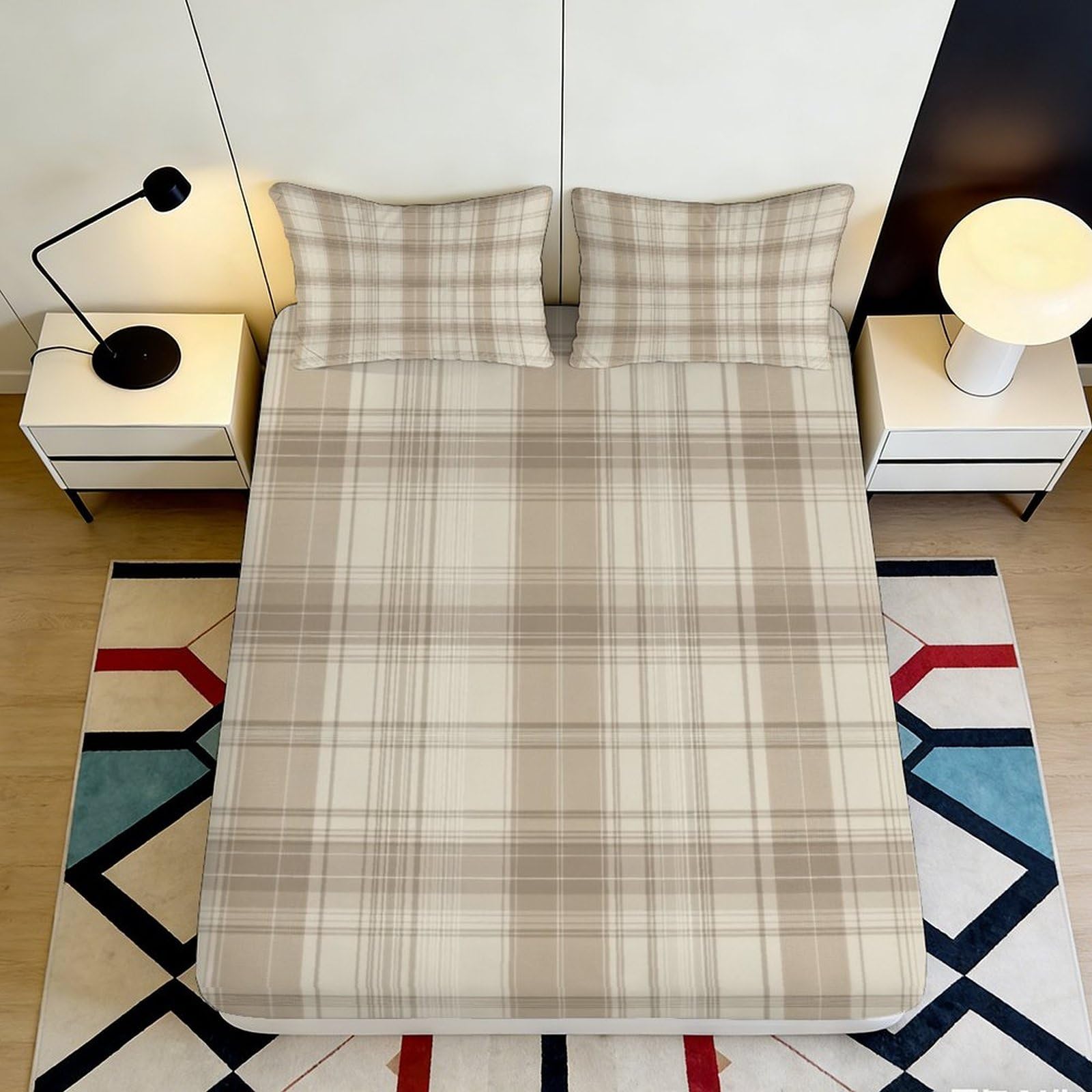 Jqzkxnhpbr Style-7 3D Printed Beige Plaid Fitted Sheet Microfiber Soft Breathable Checkered Bed Cover For Bedroom Guest Room Mattress Protection Decor 90X200x25cm