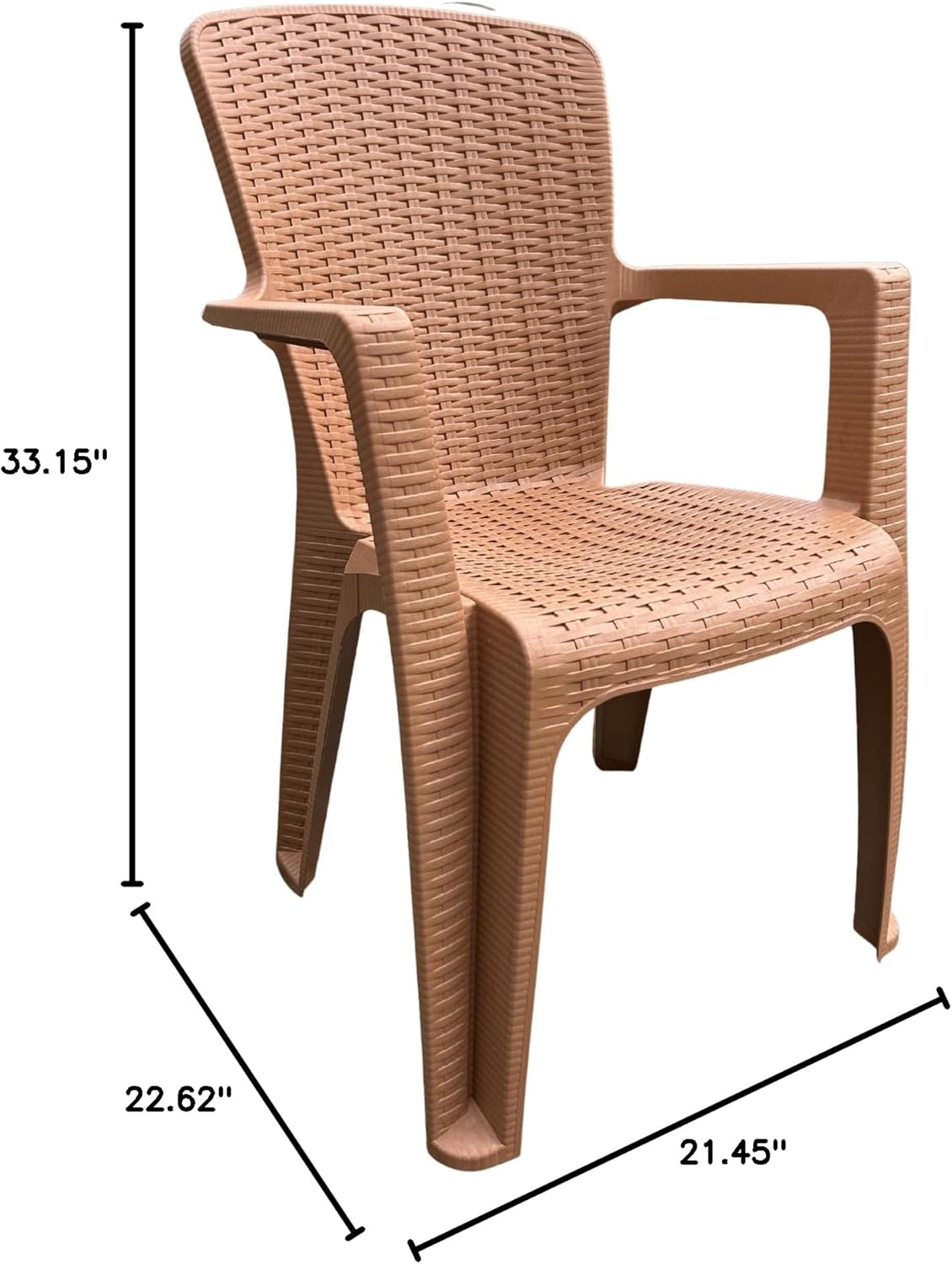 Set of 4 Terracotta Brown Rattan-Style Resin Armchairs – Indoor/Outdoor Dining & Patio Chairs, Stackable, 85 cm (33.5 in) H × 55 cm (21.7 in) W × 58 cm (22.8 in) D, 150 kg Capacity