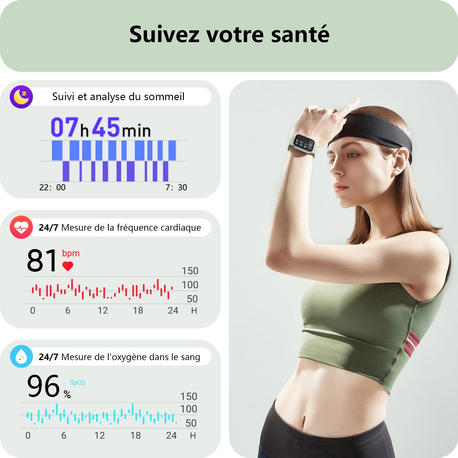 Yoever Montre Connectée Femme avec Alexa, 1.8" Smartwatch, Répondre Appel, Moniteur SpO2 Fréquence Cardiaque Sommeil, 100 Sport, Podomètre, IP68, Vert pour Android iOS