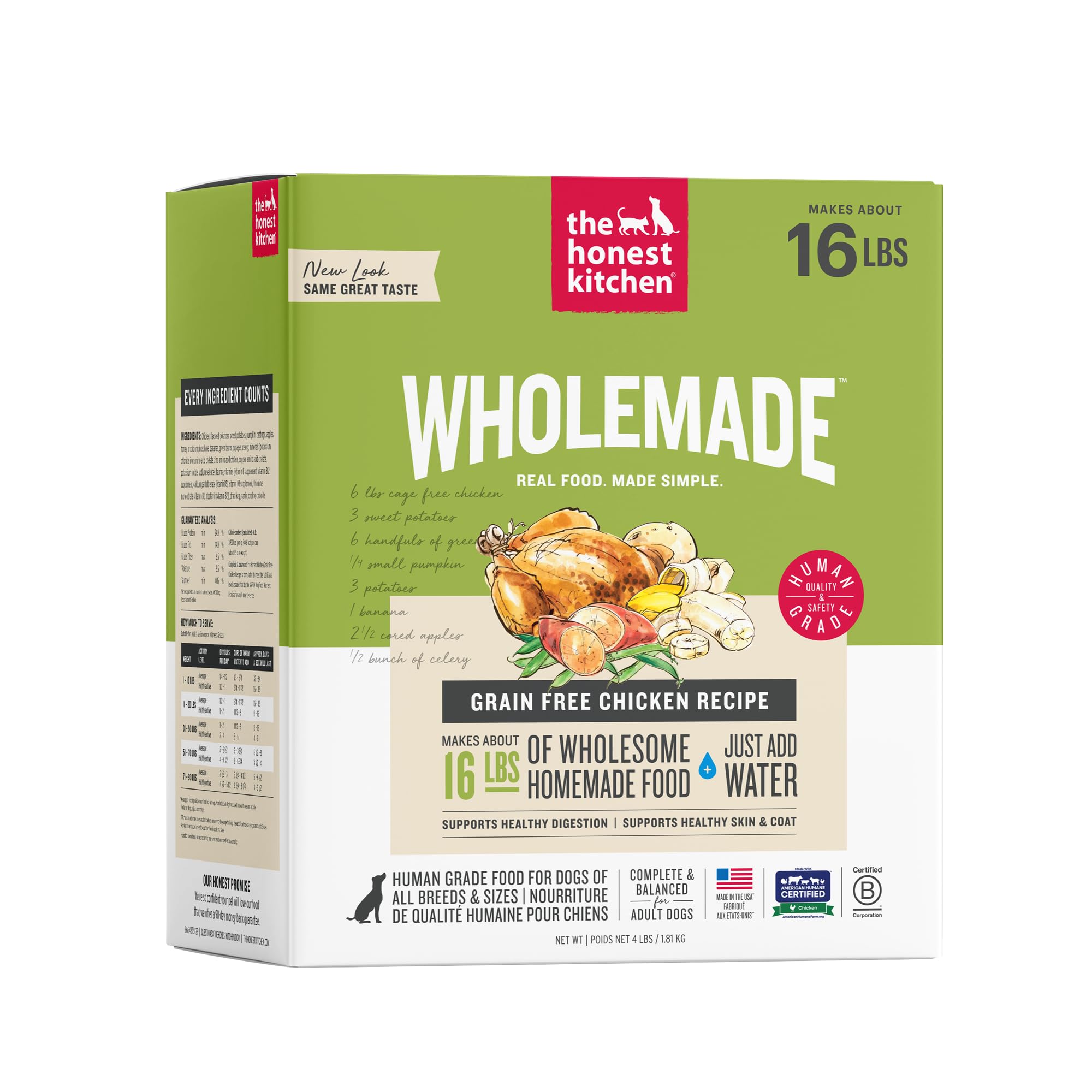 The Honest Kitchen Wholemade Grain Free Chicken Recipe, Human Grade Dehydrated Dog Food, Just Add Water, Supports Healthy Digestion, Skin &amp; Coat, Topper for Dry or Wet Dog Food, 4 lb Box Makes 16 lbs