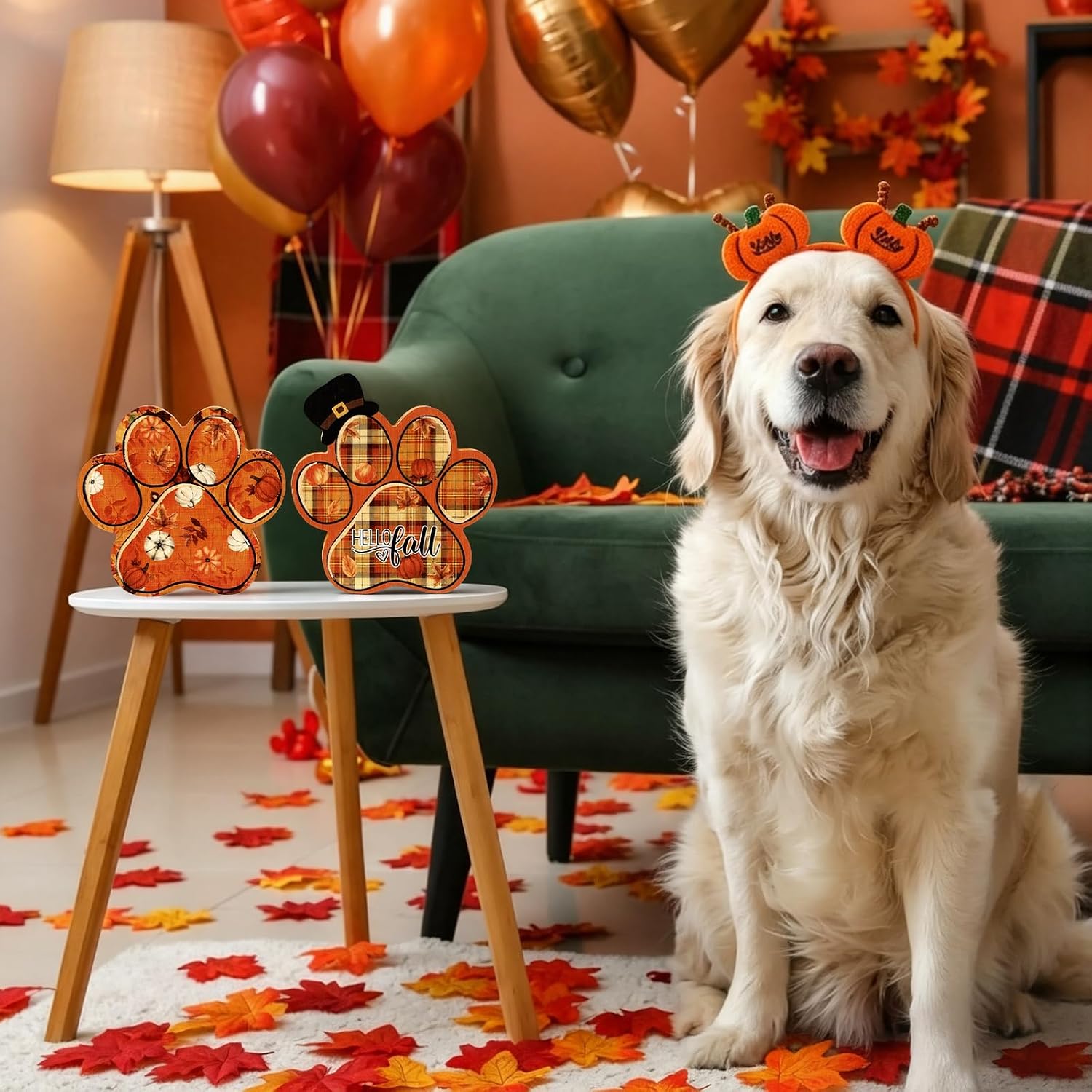 2 Pcs Fall Dog Paw Print Decor Hello Autumn Table Shelf Wood Sign