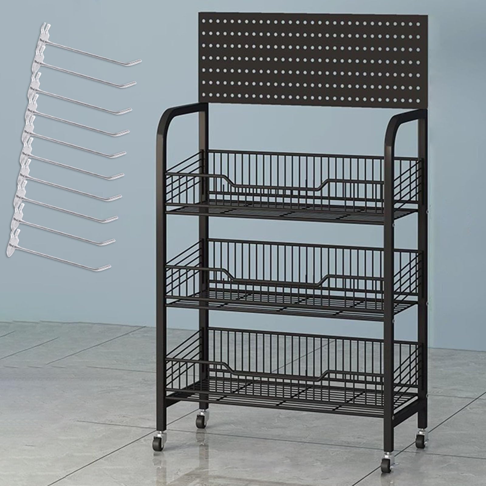 METTEOR Supermarket Shelf Display Rack with Hanging Hook, Rolling Convenience Store Snacks Organizer Cart for Candy/Canned Food/Potato Chips/Drinks,Merchandise Display Shelves(White,4 tie (Black 3