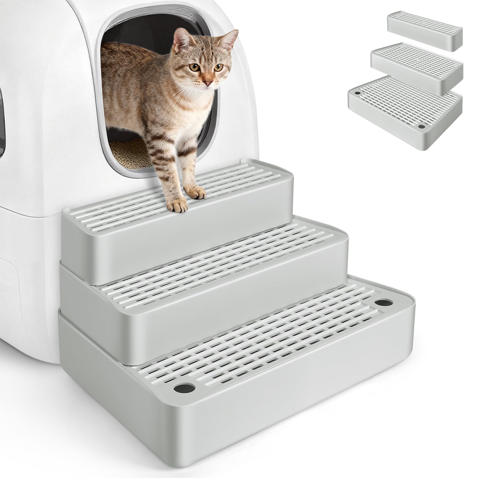Rampe de litière Extra Large à 3 marches réglable avec Fonction de Filtre, Facile à Nettoyer, pour Chats âgés et Chatons (Gris Clair)