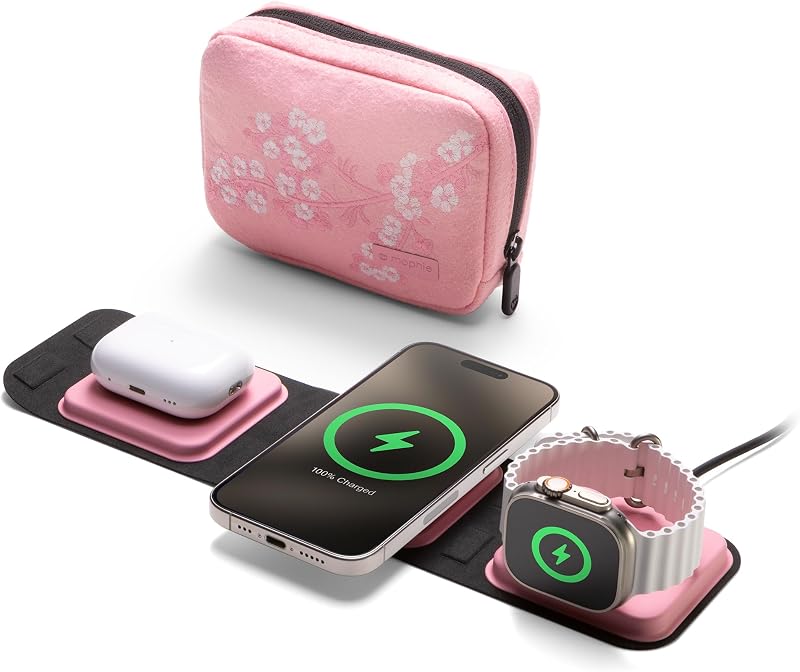 Cargador de viaje 3 en 1 con MagSafe: concentrador de carga inalámbrico portátil, compatible con iPhone series 17/16/15/14/13/12, Apple Watch Series 11 a 1 y Ultra, AirPods Pro/3.ª generación, rosa flor de cerezo