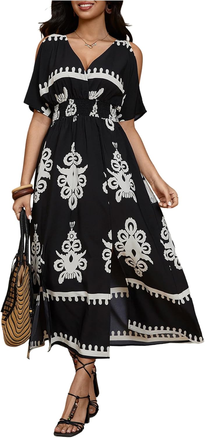 Verdusa Women's Summer Vacation Beach Dress Hawaiian Maxi Dresses Tropical Cold Shoulder Sundress