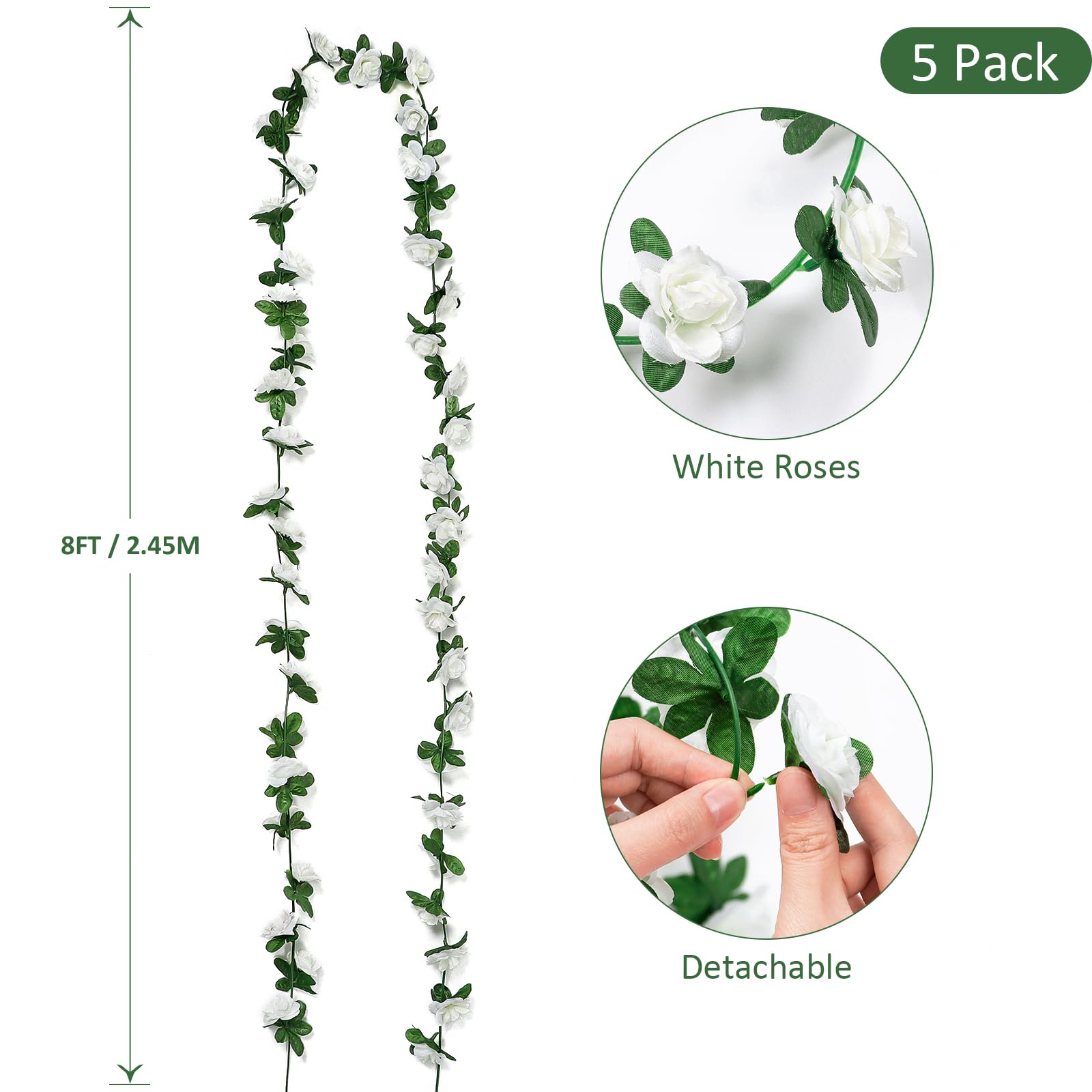 Weldomcor Pack of 5 Artificial White Garland 40 FT Flower Garland Roses Vines Silk Flowers Outdoor Hanging Artificial Flowers Decoration for Wedding Arch Bedroom Wall Backdrop Garden Decoration - Image 4