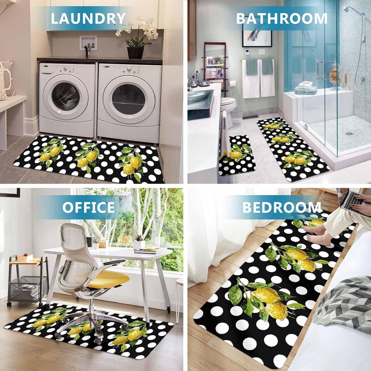 Yellow Lemons Kitchen Mat Set 2 Pieces Hand-painted Style Lemon Classic White Polka Dots Non Slip Kitchen Rugs Washable Runner Rug Mats for Floor Sink Laundry Office 15.7" x 23.6"+15.7" x 47.2"