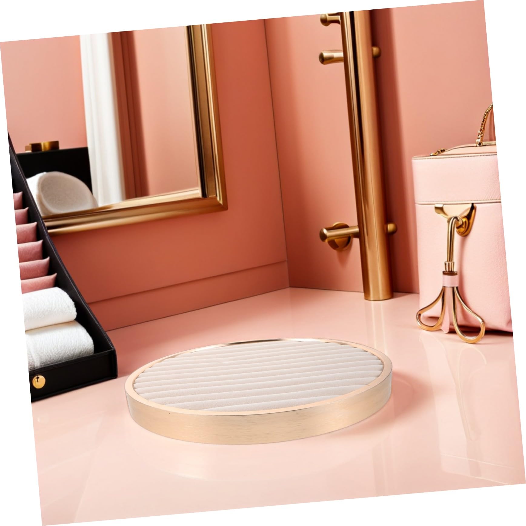 Bandeja Redonda Pequeña de Terciopelo Beige para Joyería Organizador Versátil para Anillos Pendientes y Pulseras Exhibidor Protector para Tienda y Uso Personal