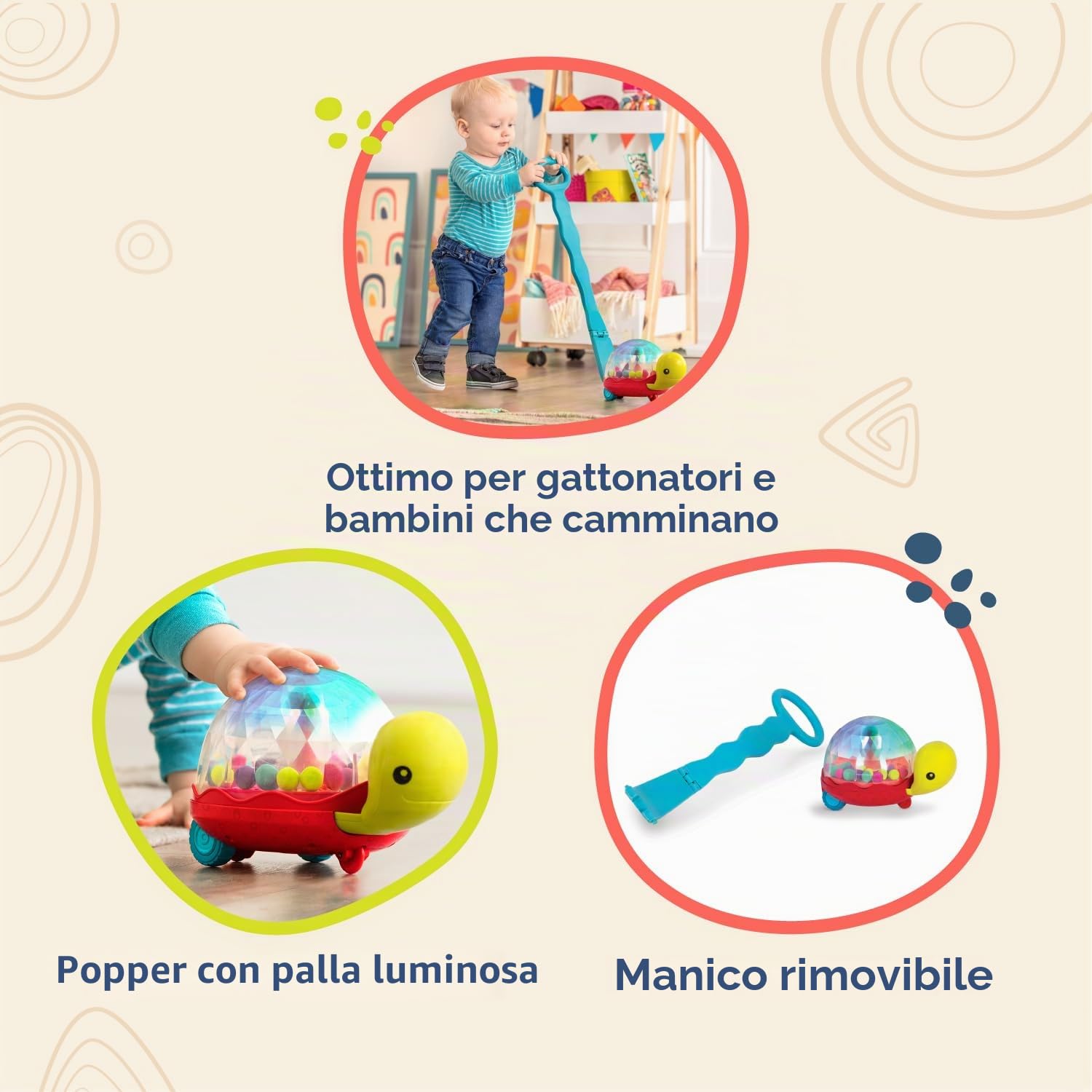 B. toys Walk 'N' Pop!, girello a spinta e popper tartaruga luminosa