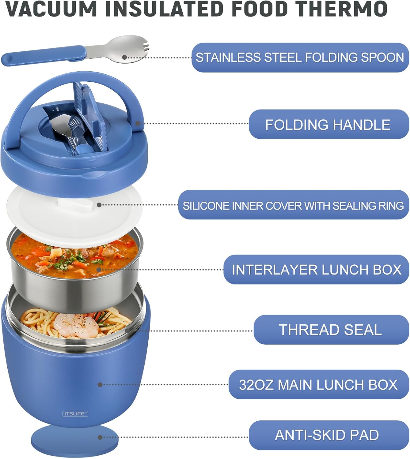 Itslife 32oz Insulated Soup Thermo, Vacuum Stainless Steel Food Jar for Hot & Cold Food, Leakproof Wide Mouth Lunch Container with Spoon (Blue)
