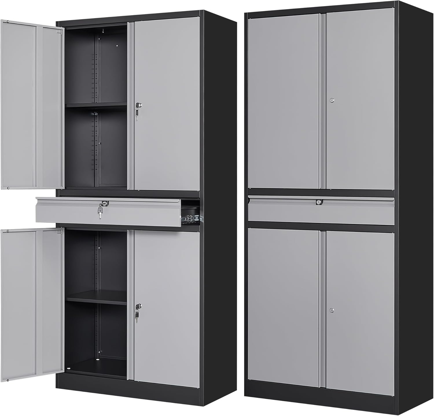 Letaya Metal Garage Storage Cabinet with Drawer,4 Door Tool Cabinet with Lock-2 Adjustable Shelves for Garage Home Office Utility Room (Black & Gray)