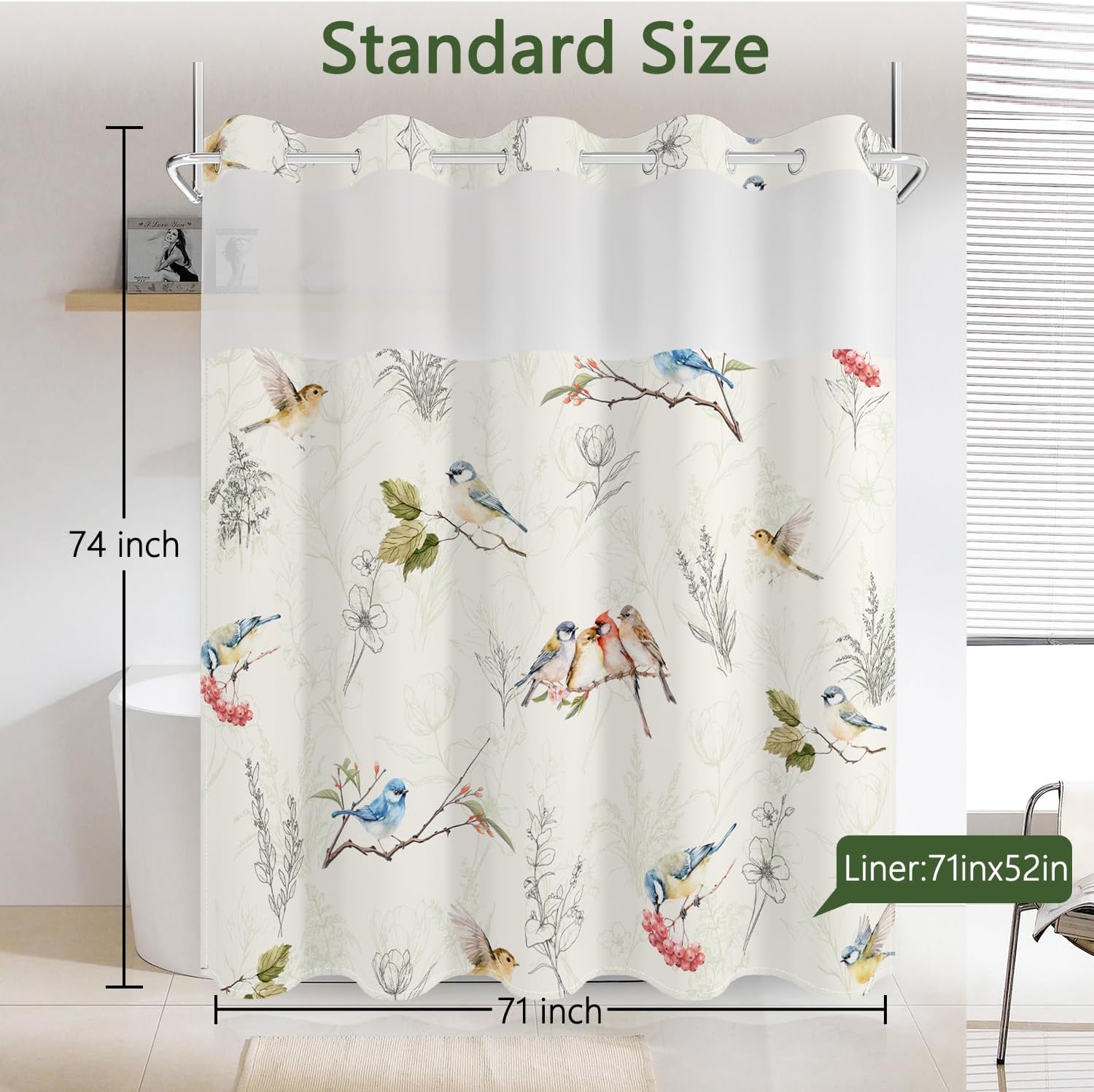 No Hook Shower Curtain with Snap in Fabric Liner Set, Waterproof & Washable, Funny Colorful Floral Bird Shower Curtains for Bathroom, Boho Country Farmhouse Bathroom Curtain, House Gift, 71x74 inch