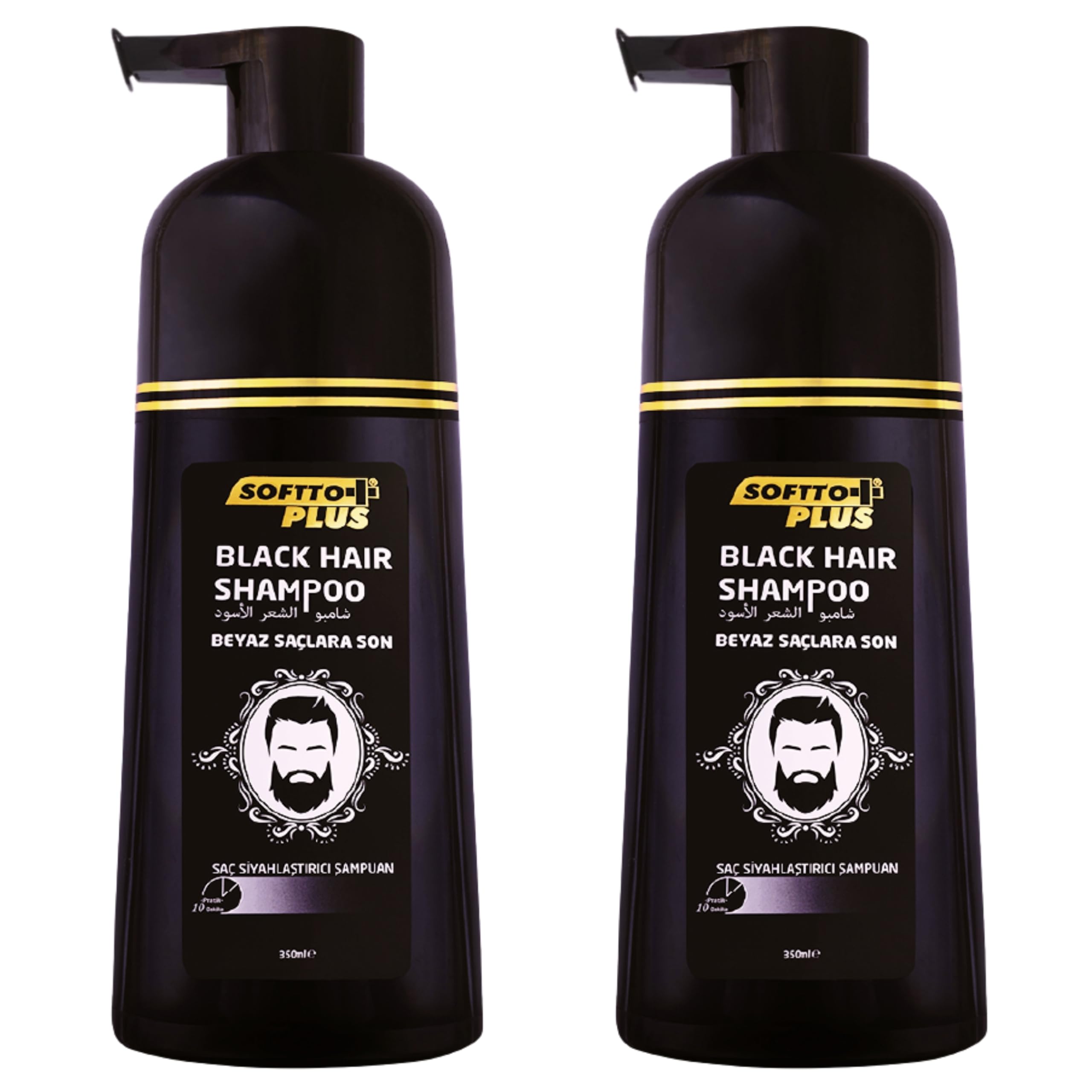 Softto+ Plus Black Hair, Shampoo per capelli bianchi e grigi in 10 minuti, senza macchie, guanti inclusi, per uomo e donna, 2 x 350 ml, colore: nero