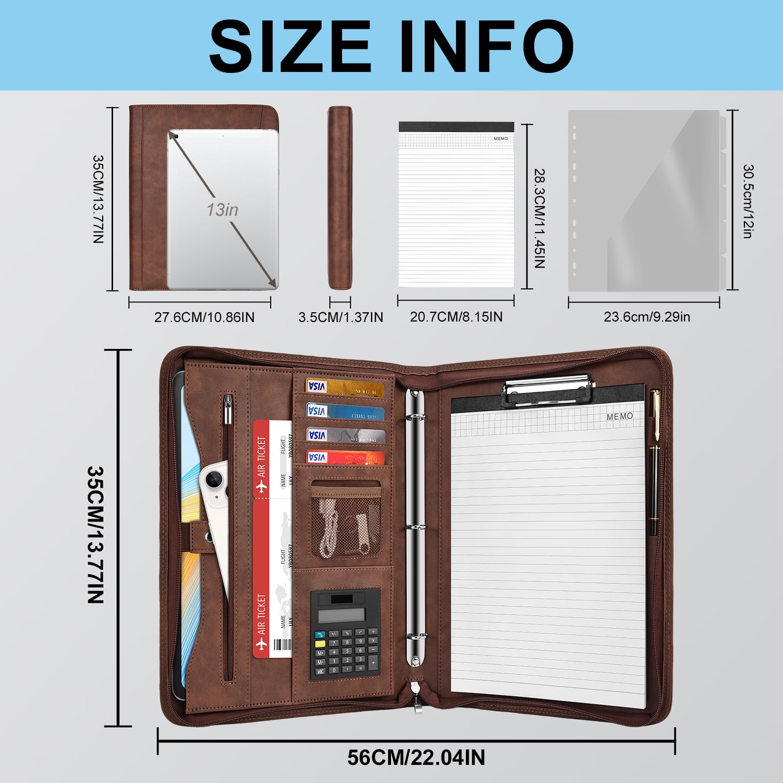 Eshow Portfolio Organizer – Raccoglitore a 3 anelli con cerniera, in pelle vegana, con blocco note, include 5 protezioni trasparenti per fogli per documenti, per uomini e donne
