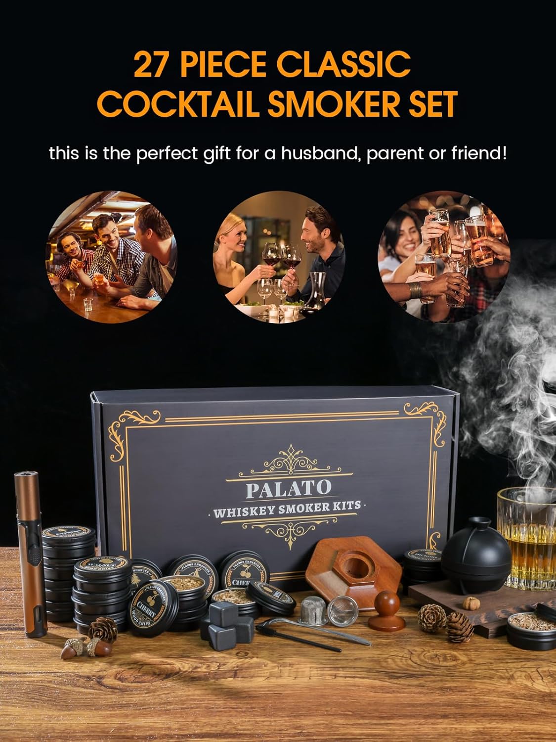 27Pcs Whiskey Smoker Kit- 16 Wood Chips,Ice Ball Molds, Cocktail Smoker Infuser Kit, Old Fashioned Drink Smoker Kit, Birthday Bourbon Whiskey Gifts for Husband,Men,Dad(No Butane)