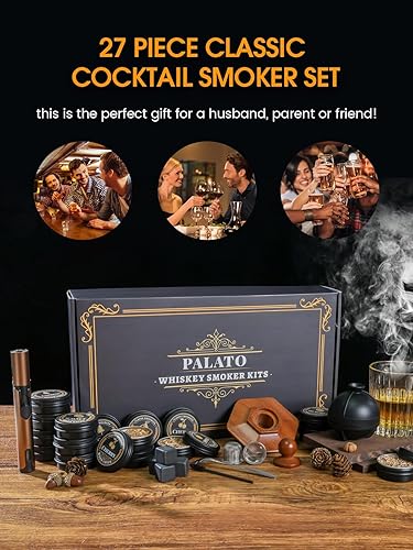 Miniatura 8 de Kit de ahumador de whisky de 27 piezas, 16 chips de madera, moldes de bolas de hielo, kit de infusor de ahumador de cóctel, kit de ahumador de