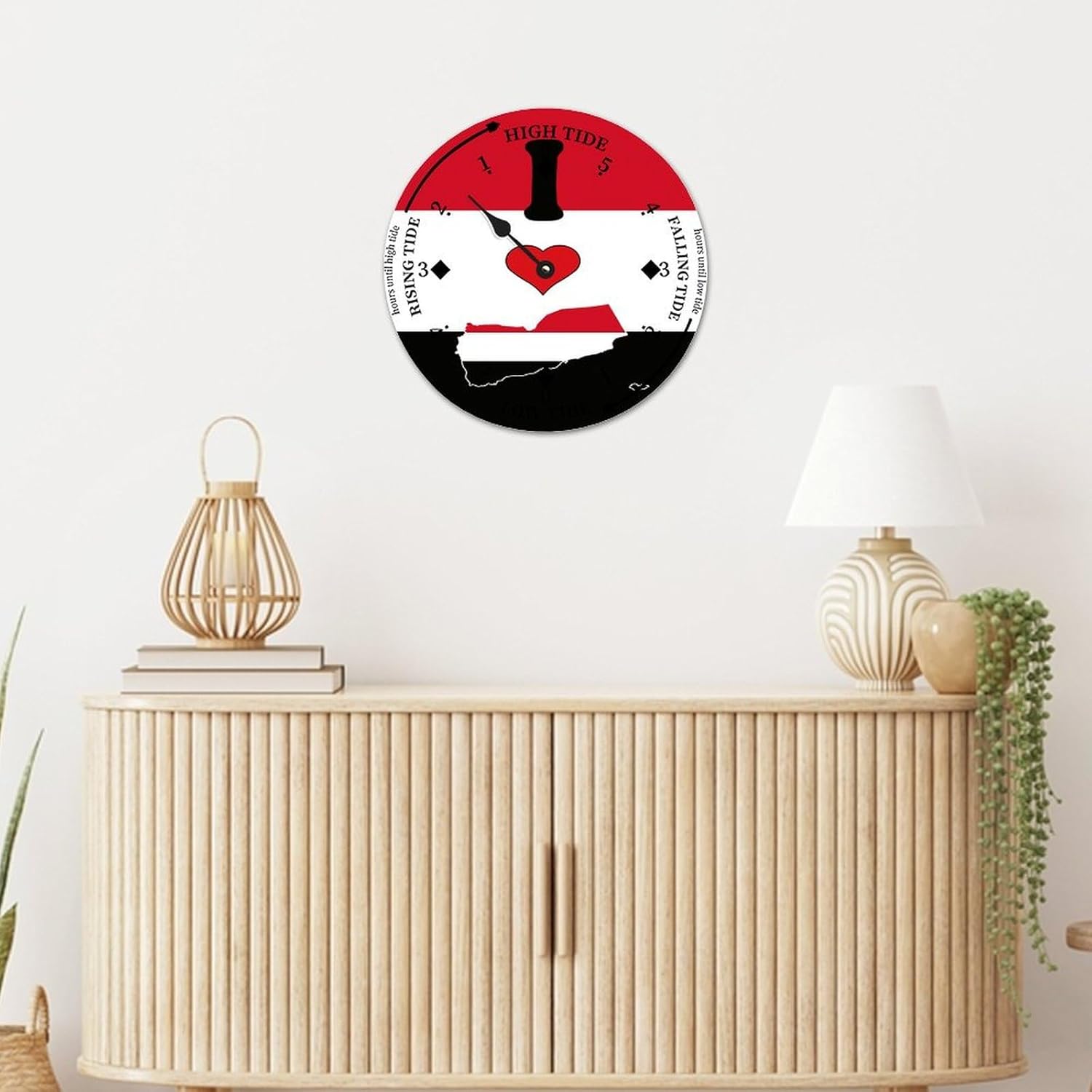 Yemen Flag Wood Tidal Clock Ocean Time Maritime Coastal Beach High Tide Low Tide Clock Rustic Wooden Nautical Tide Movement Vintage Decor for Beach House Kitchen Wall Art 15x15 in