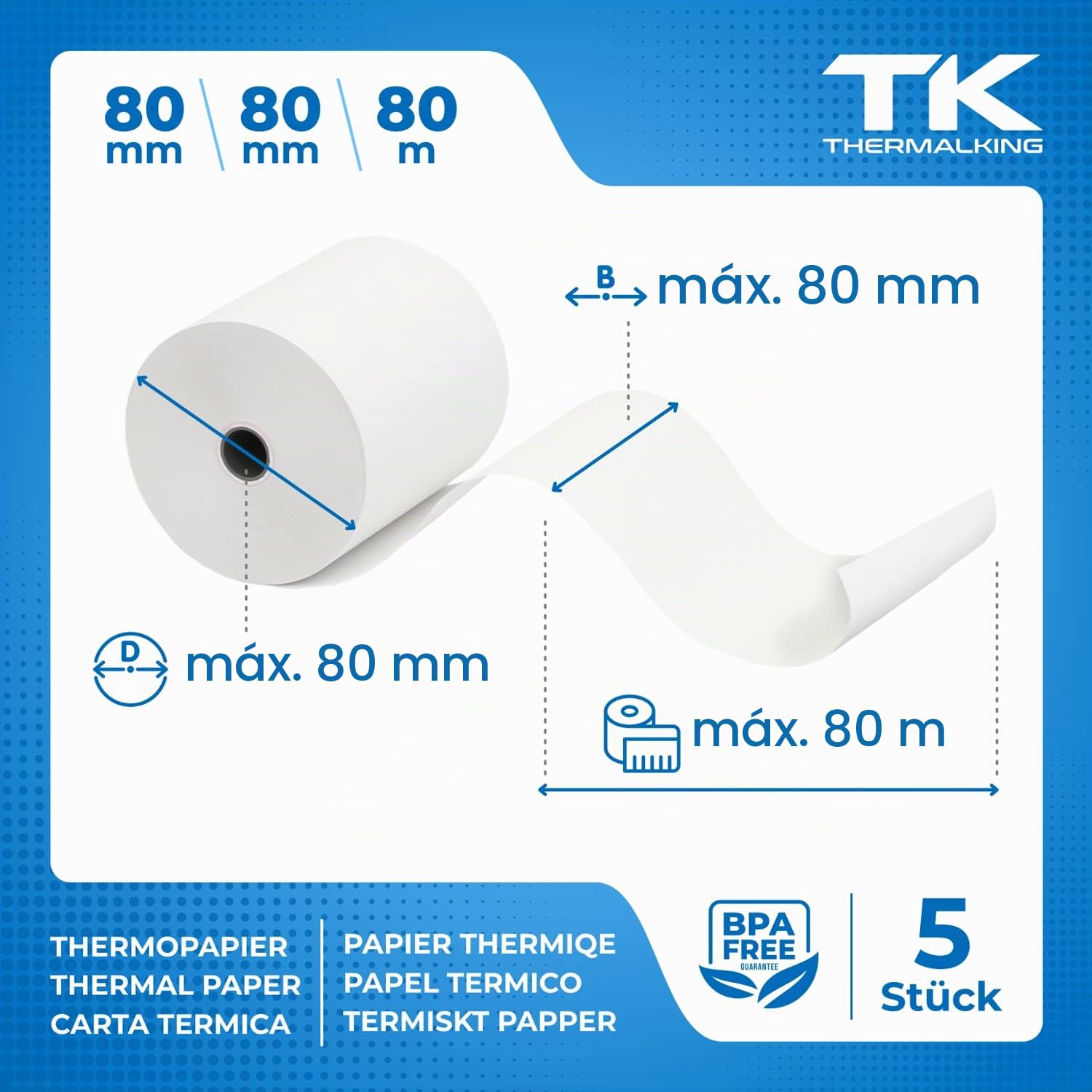 THERMALKING - Rollos Papel Termico 80x80 para Impresora de Tickets - Para caja registradora con impresora de recibos - Papel impresora Termica 80x80x12 - Rollo Papel térmico 80mm x 80mm x 80m - [5x]
