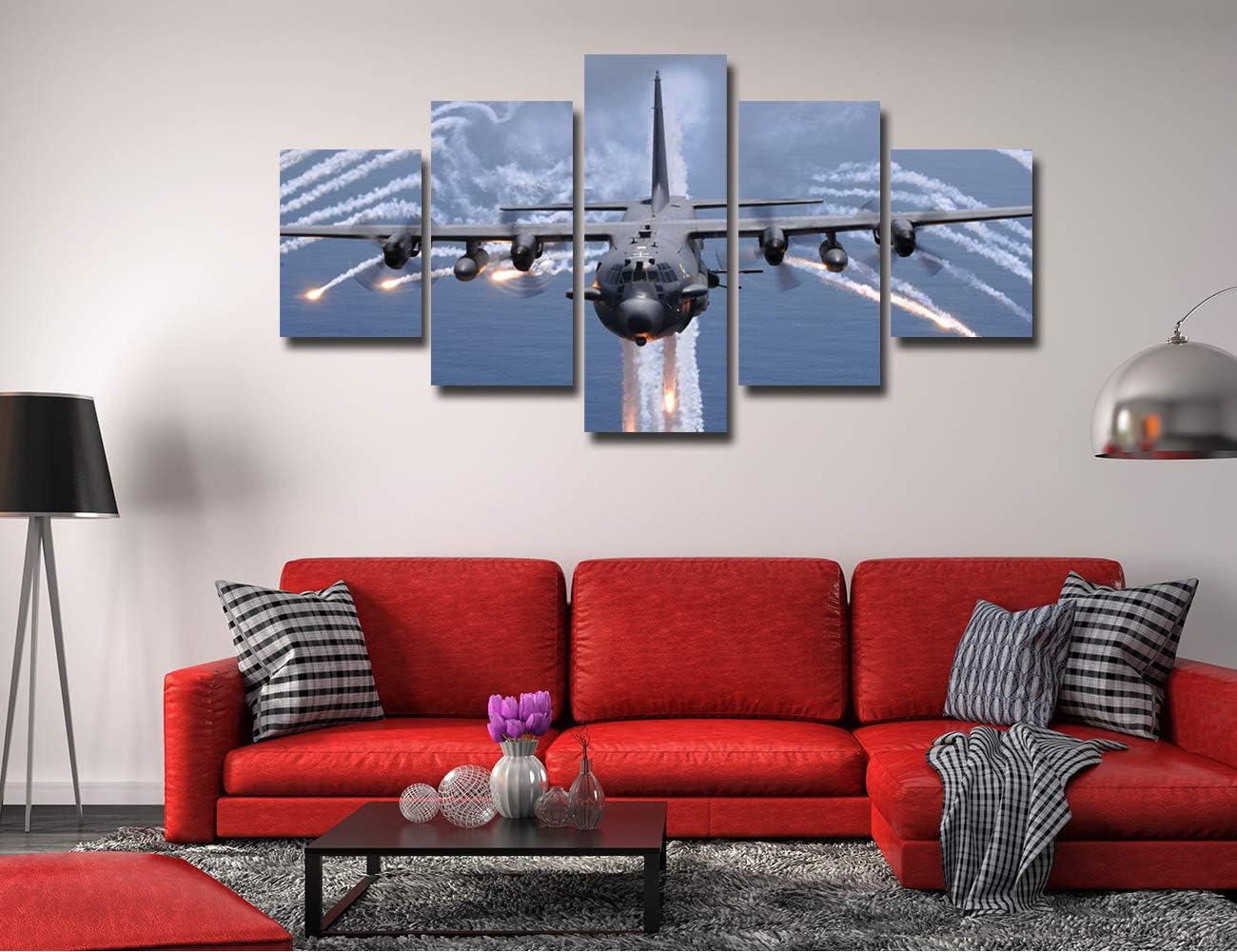 Military Attack Aircraft AC-130 Gunship United States Air Force Fighter Jet Pictures Wall Art Canvas Frame Art Home Decor 5 Panel Poster Living Room Decorations Paintings(60''Wx32''H)
