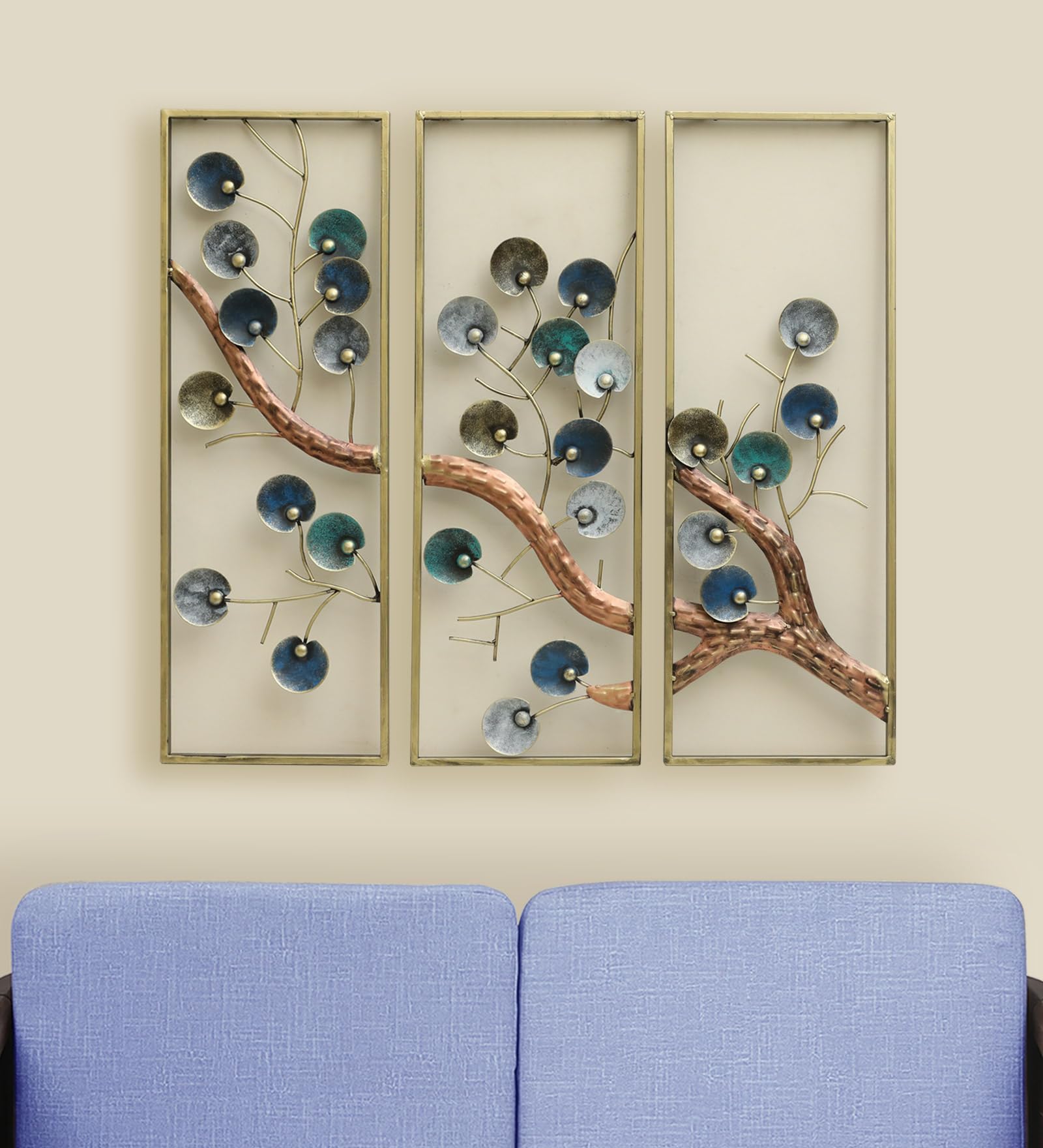 vedas Multicolour Metal Alexa Three Tree Frame Wall Decorative Hanging & Mounted Art Sculpture Home Decor (Size 33 x 33 inches)