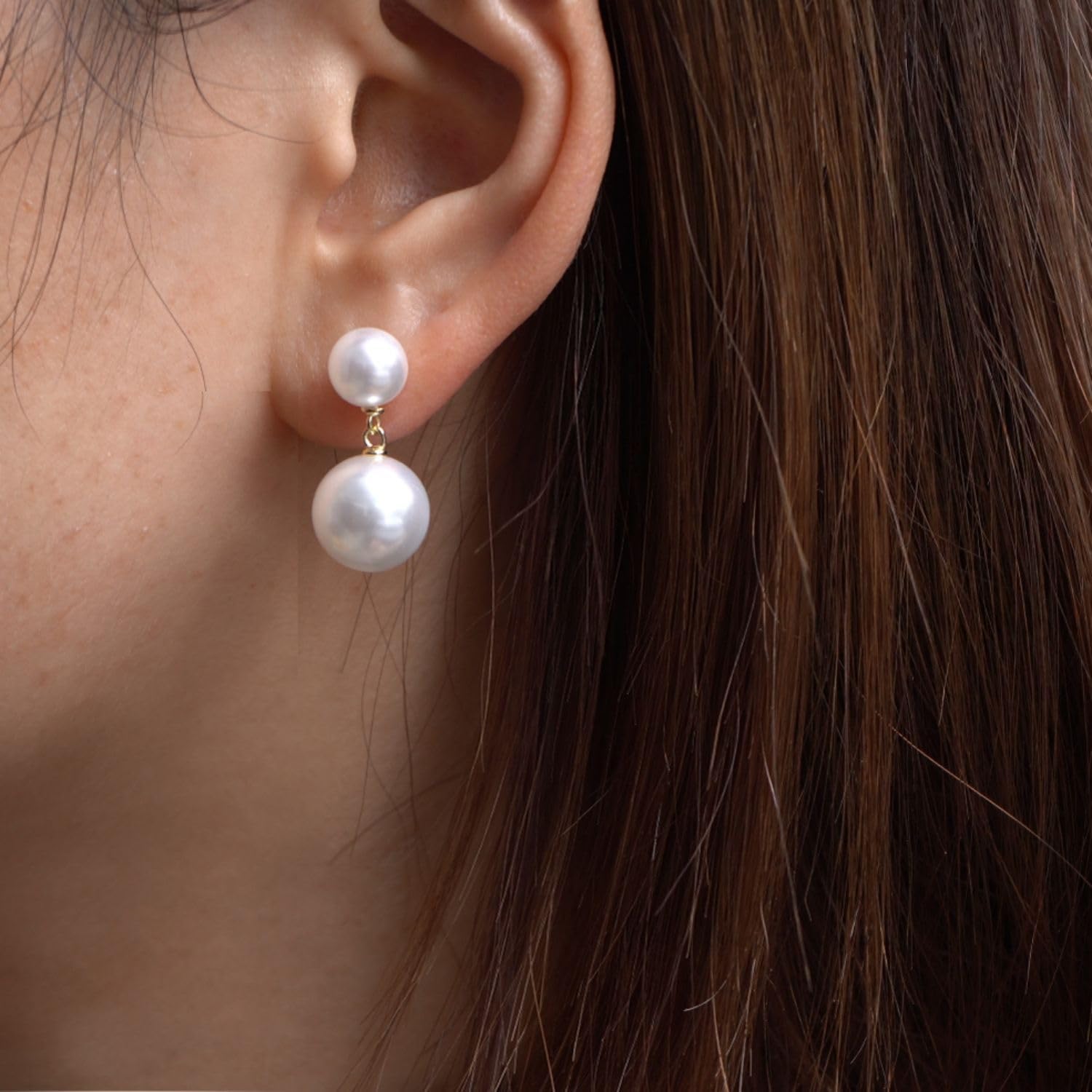 OwMell Crystal Double Beads Pearl Earrings for Women, 925 Sterling Silver Two Balls Pearl Drop Earrings Large Size - White - Image 2