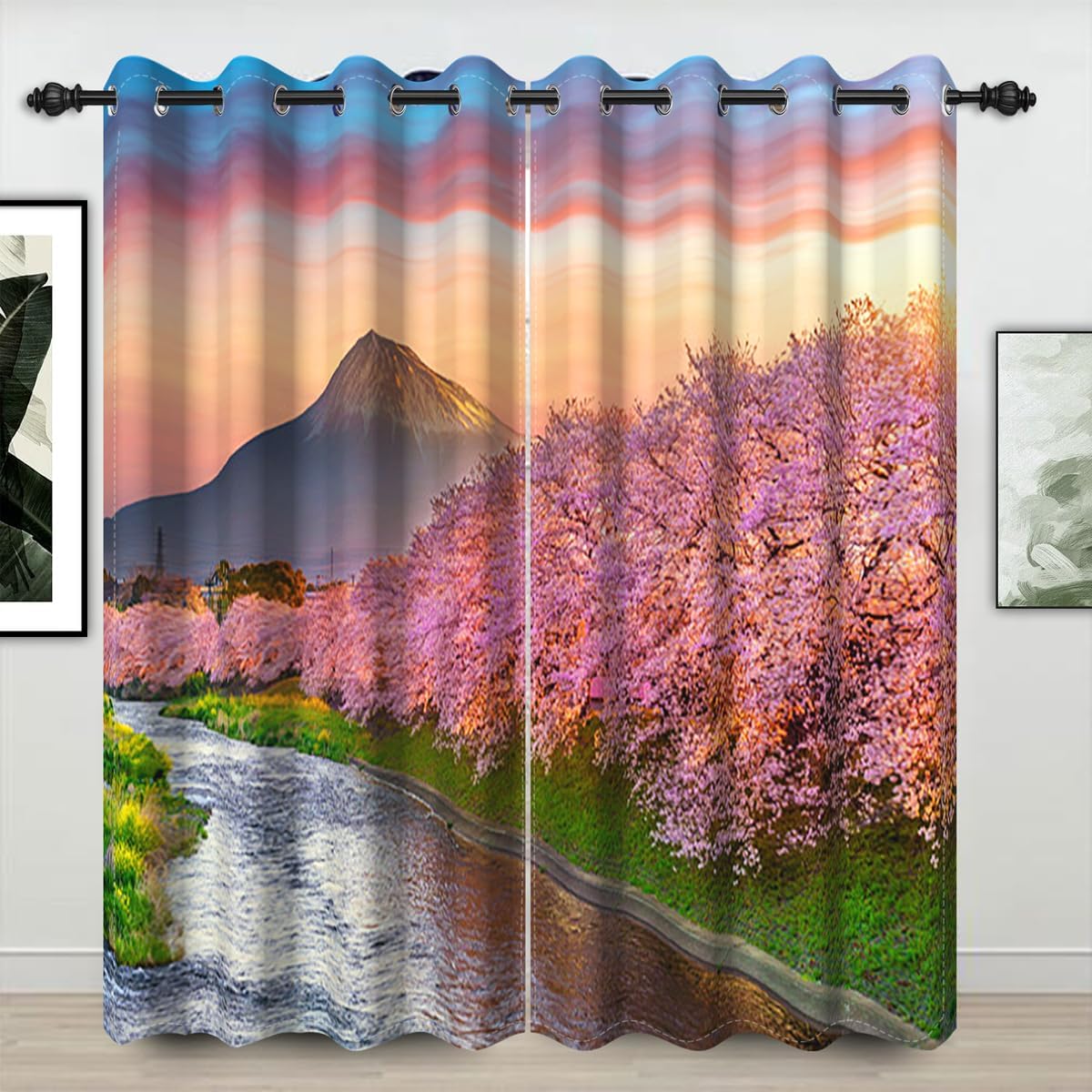 21x45 Inch Pink Cherry Blossoms Blackout Curtains Mount Fuji Sunset River Romantic Floral Natural Landscape for Living Room Bedroom Window Drapes, 2 Panels Home Set with Holes