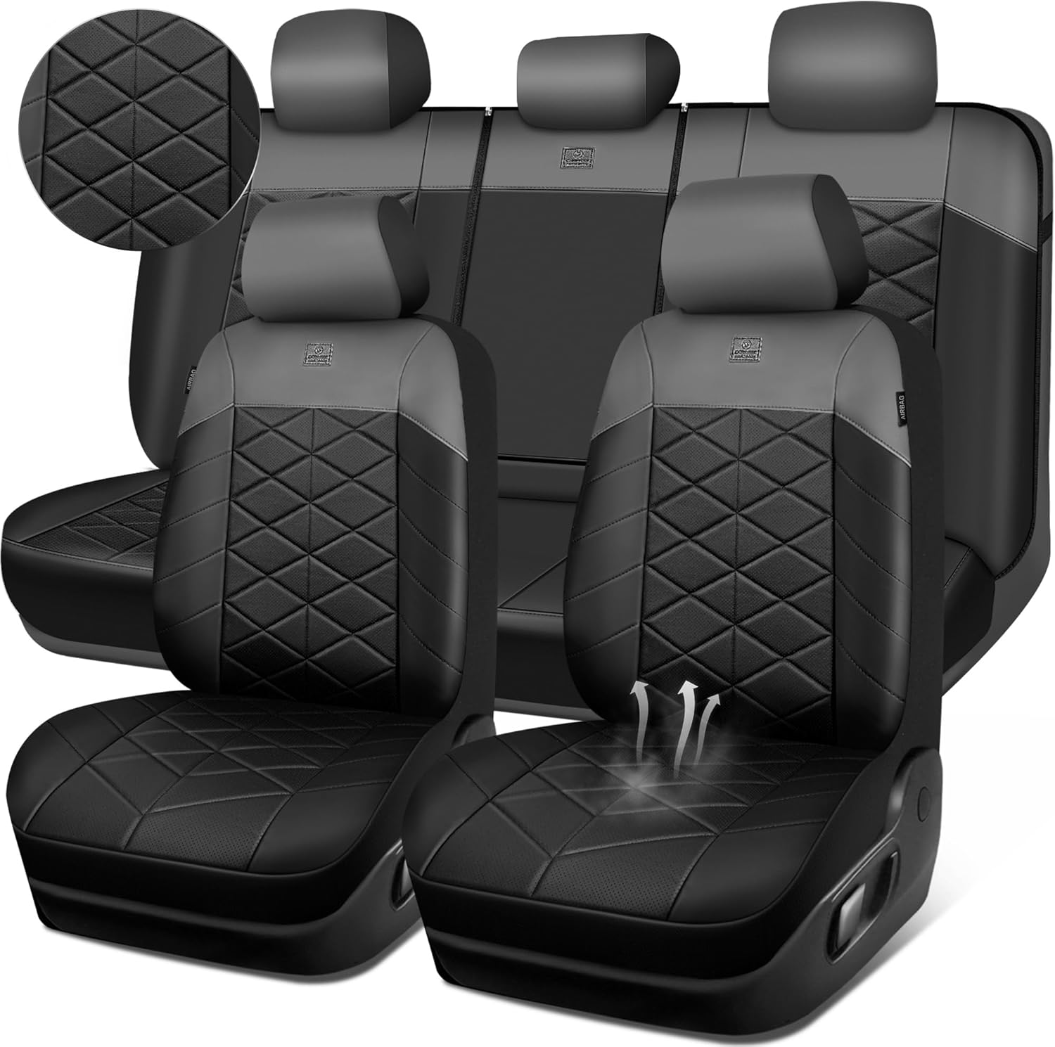 CAR PASS Nappa Leather Waterproof Car Seat Covers Two Front, 3D Foam Automotive Seat Covers with Memory Foam, Universal Fit for Cars SUV Truck Sedan, Airbag Compatible,Black Grey