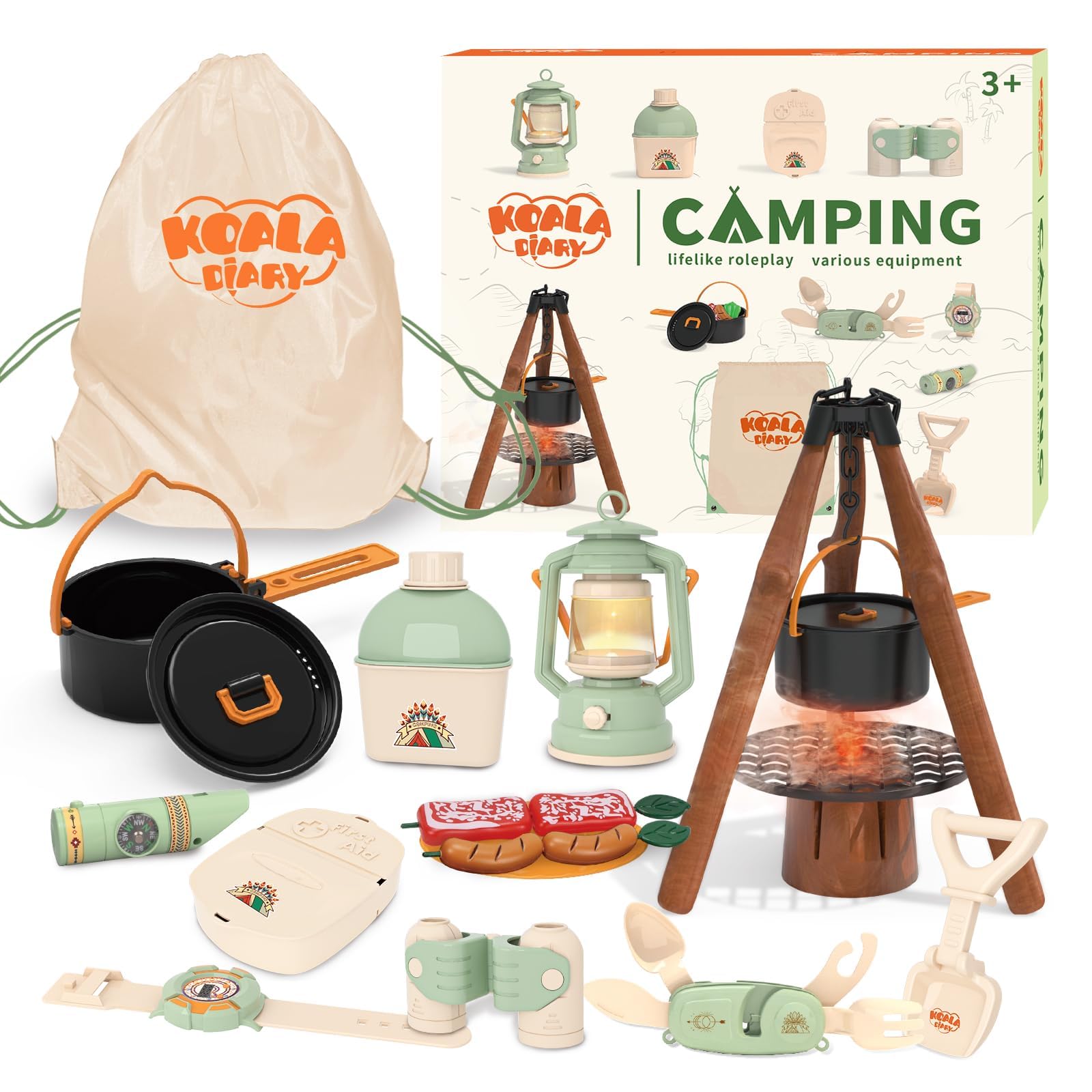 Kids Camping Toys Set - Pretend Play Camping Set with Food Toy, Spray Stove, Oil Lantern, Binoculars, Compass, Tableware, Watch & Storage Bag, Birthday for Ages 3+