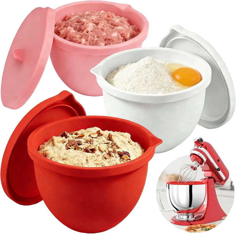 RAYBIN Silicone Liners for KitchenAid 5QT Tilt-Head Stand Mixers, 3 PCS | Silicone bowl insert with Lids, Non-stick, Heat-resistant, Thicker design, Perfect for baking, cooking, effortless cleaning