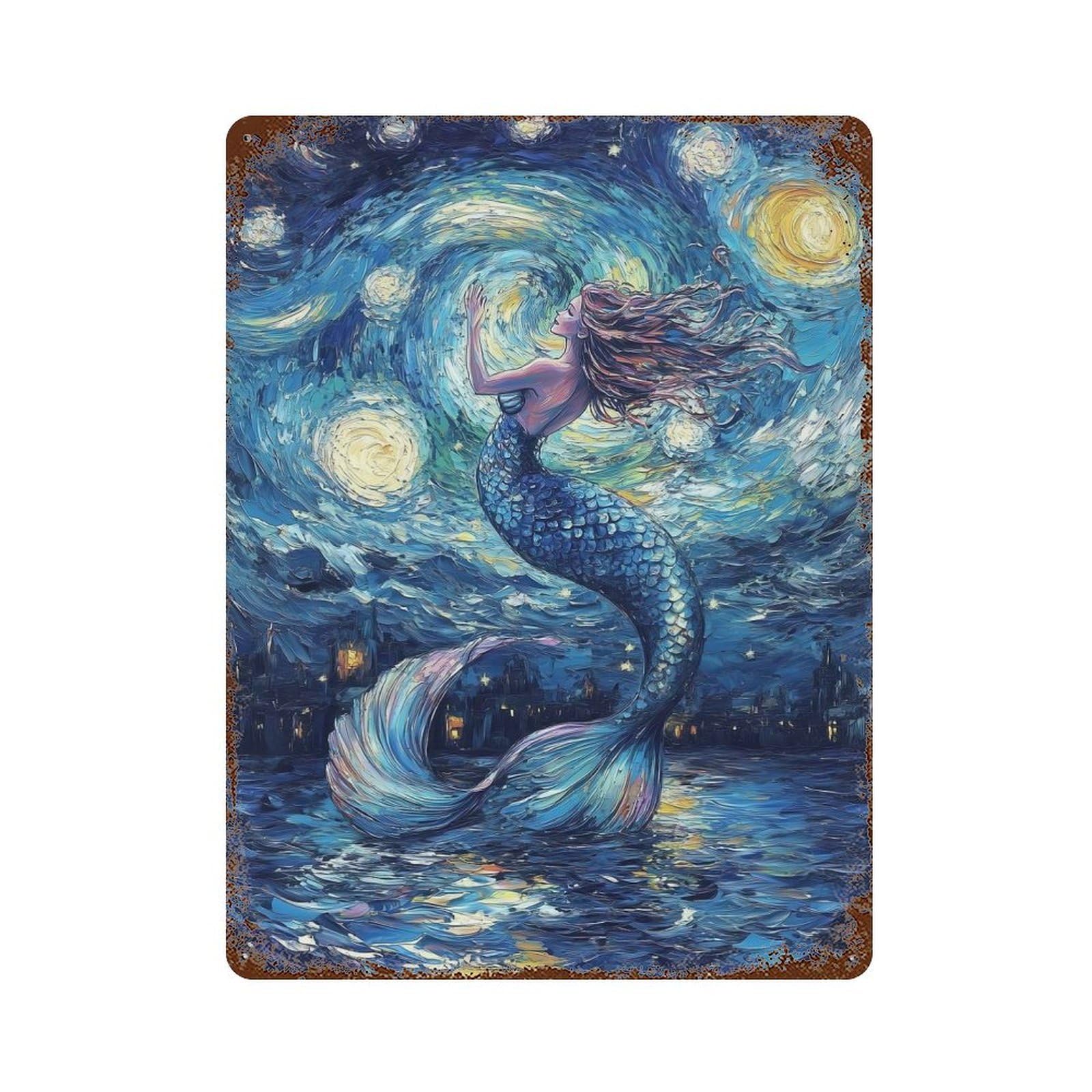 Mermaid Under Starry Night Vintage Rust Metal Sign 15.7"x11.8", for Pub, Kitchen And Man Cave Decor, Rustic Home Decor