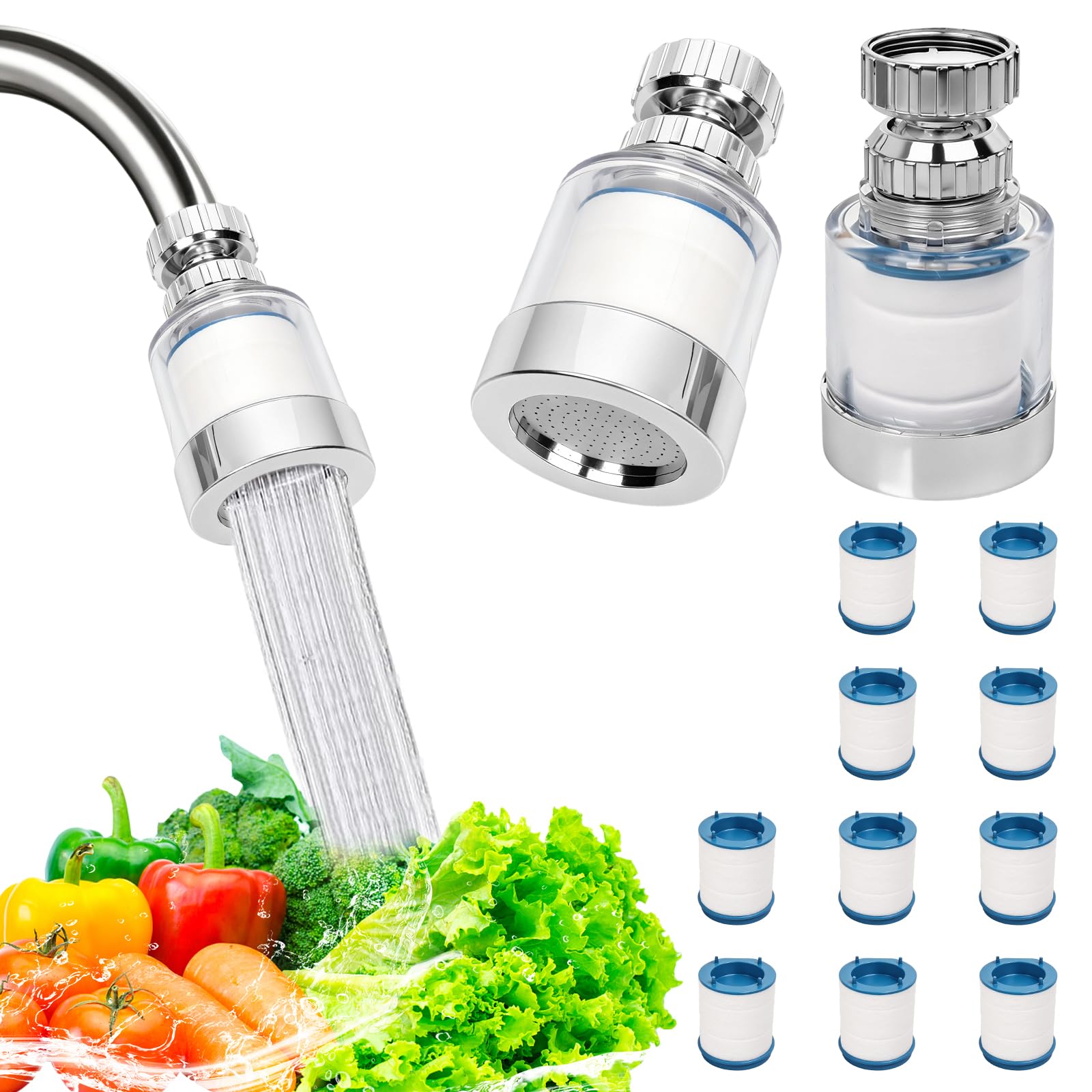 2Pcs Tap Water Filter with 10 Cartridges,tainless Steel 360 Degree Splashproof Tap Filter 3 Types of Gaskets for Home Bathrooms Kitchen Tap Water Filtration Hard Water Filtration