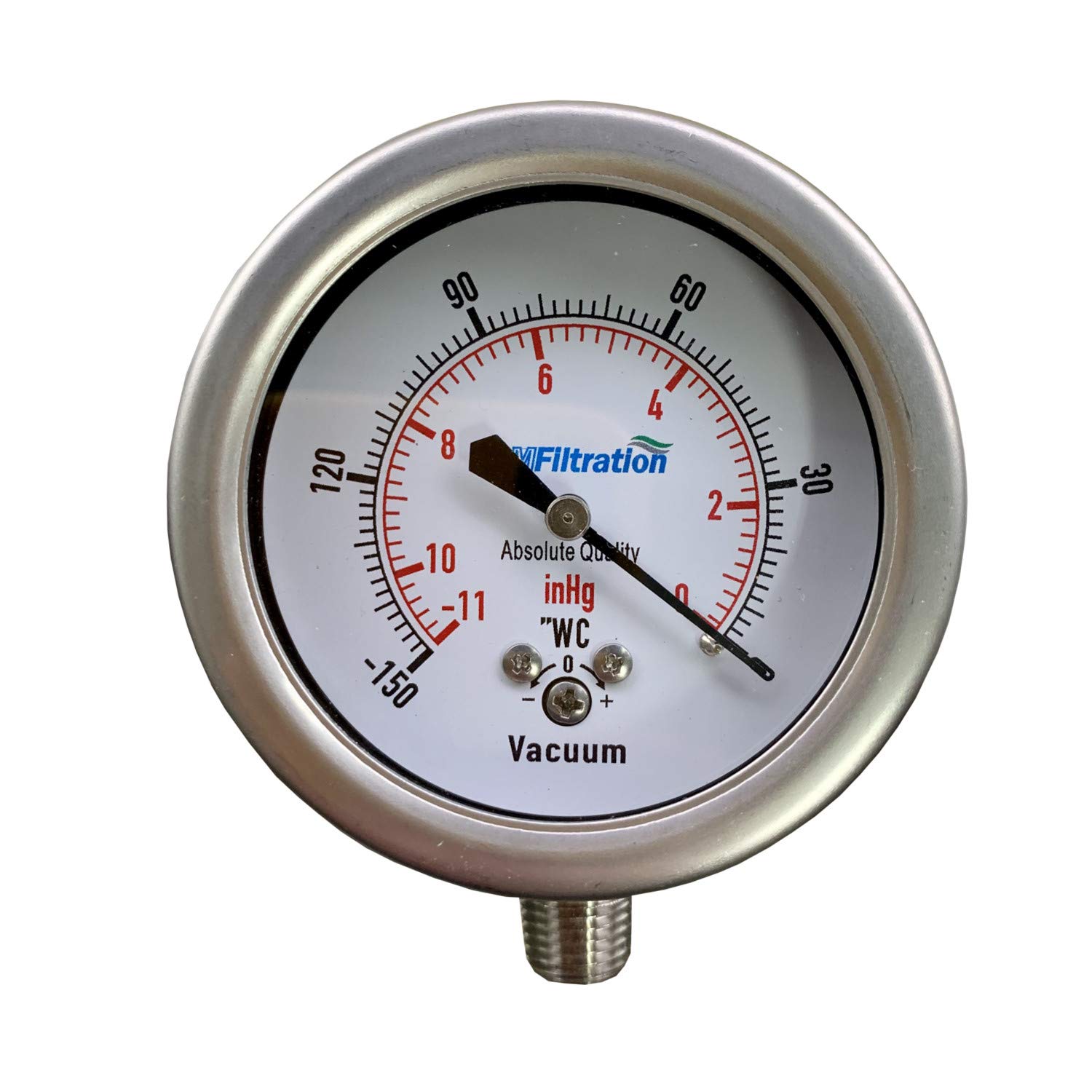 PRM 2.5 Inch Vacuum Gauge, 0 to -11 inHg / 0 to -150" WC, Stainless Steel Case & Internals, 1/4 Inch NPT Bottom Mount, Dry Gauge, Accurate ±1.5% for Air & Water Systems