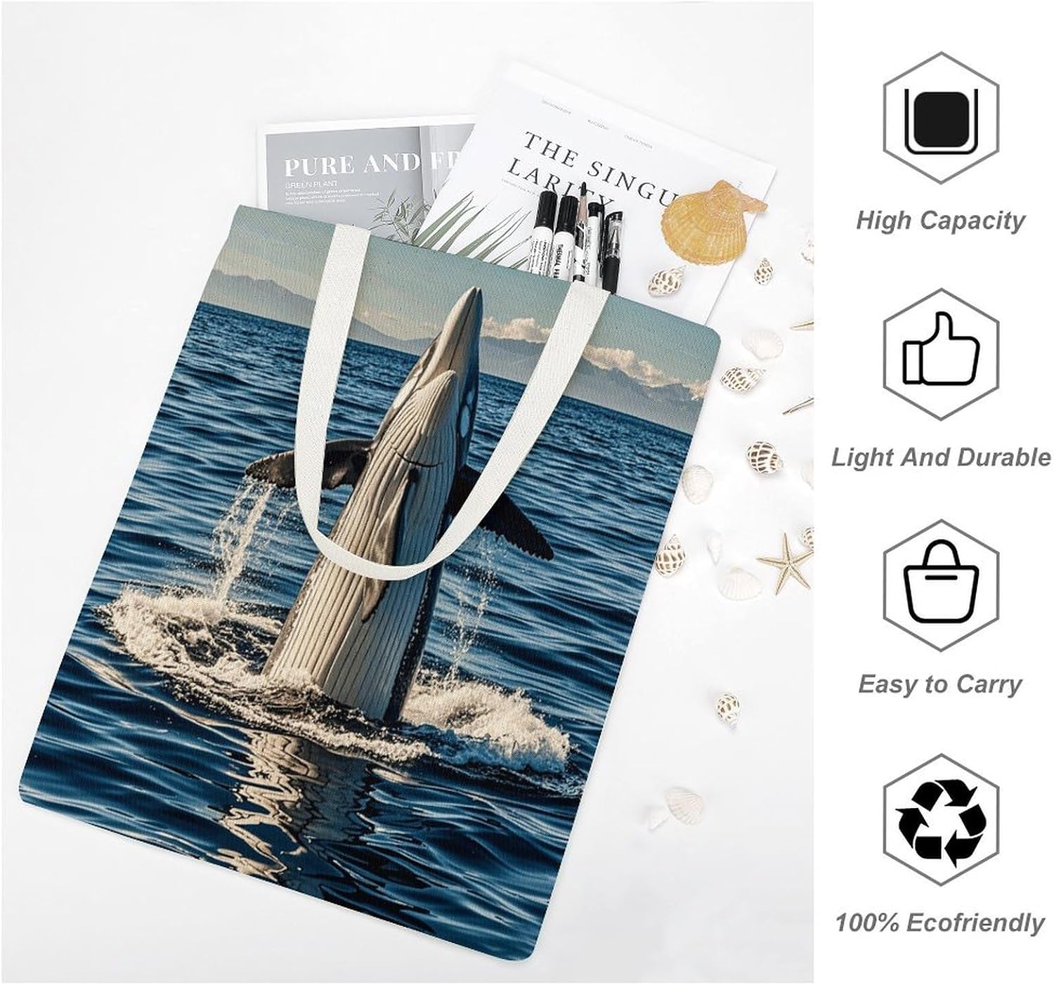 Humpback Whale Academy Canvas Tote Bag Reusable Grocery Bags Foldable Soft Cotton Shoulder Carry Bag