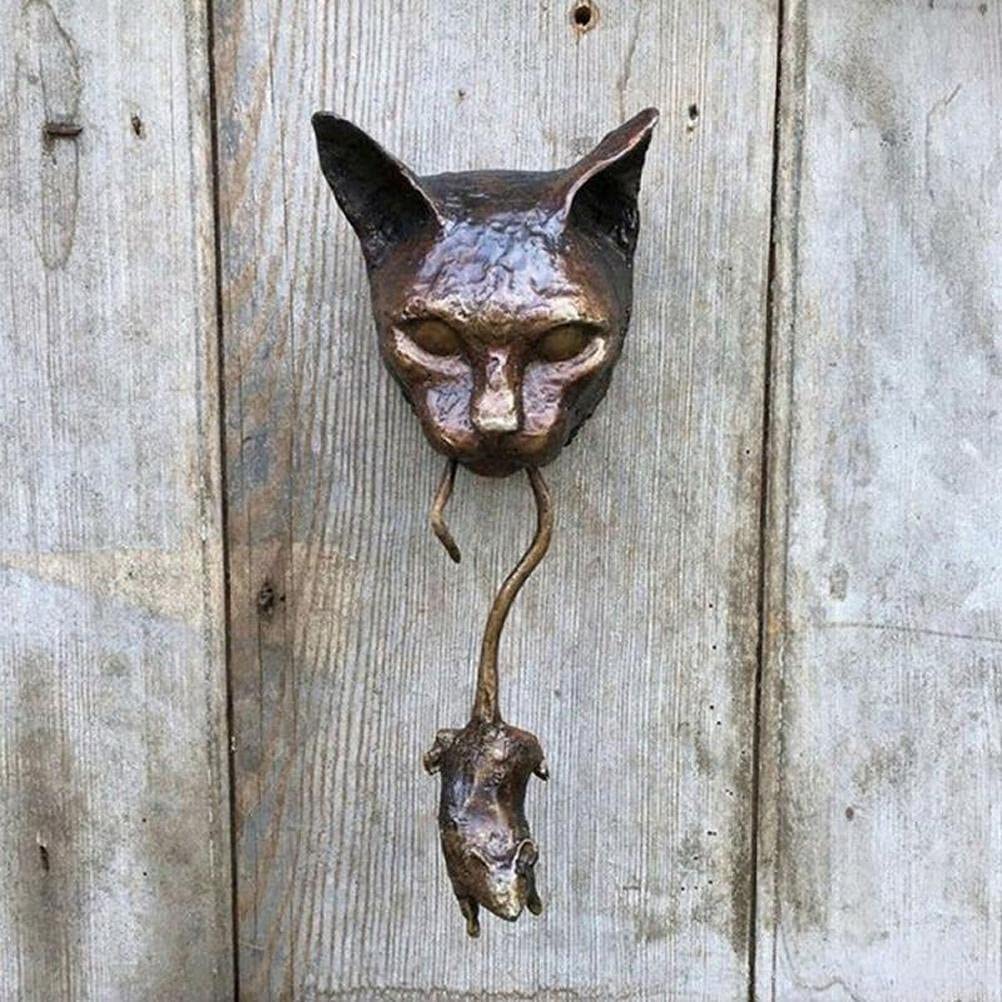 HUSHUI Heurtoir de Porte, Sculpture de heurtoir de Porte de Chat Chat Attraper Souris Sculpture Murale Pendentif en résine pour Salon de Cour