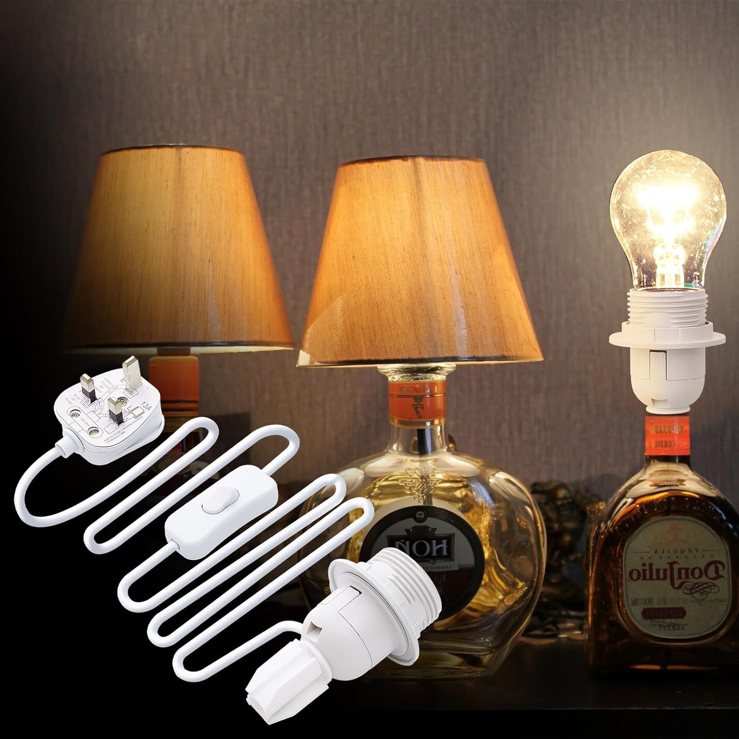 Wine E27 DIY Bottle Lamp Adaptor with BS Plug,DIY Bottle Lamp Light Kit for Any Whisky, Gin or