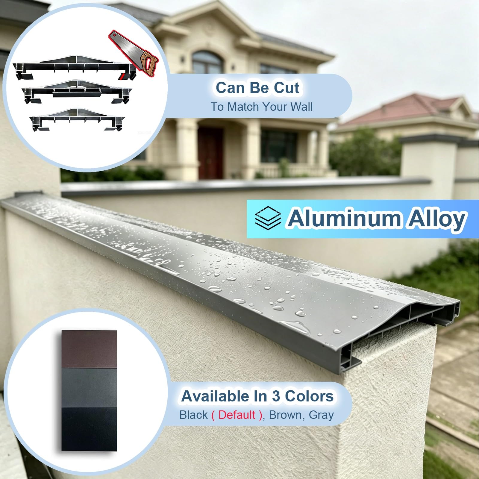 Regenschutz for Brüstungswände aus Aluminium – zuschneidbare Akzentkappe for die Gartenmauer mit LED-Lichtleistenkanälen – langlebig, wetterbeständig(268-316mm,3.1ft)