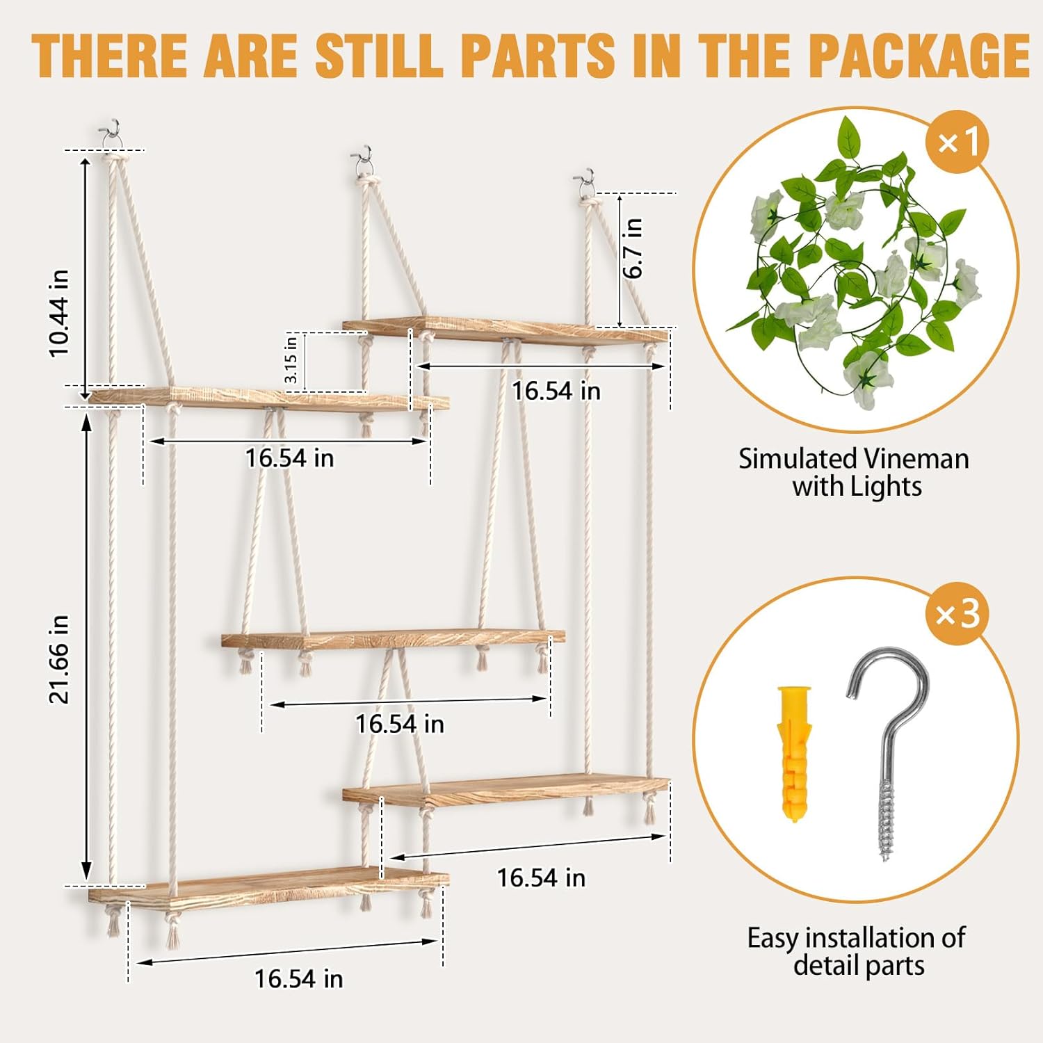 Hanging Shelf with Vine Lights 5 Tier Boho Plant Wall Shelf Floating Shelves Rope Rustic Wood Organizer Storage Hanger Rack for Wall Decor in Aesthetic Home Bedroom Kitchen (Five-tier rope rack)