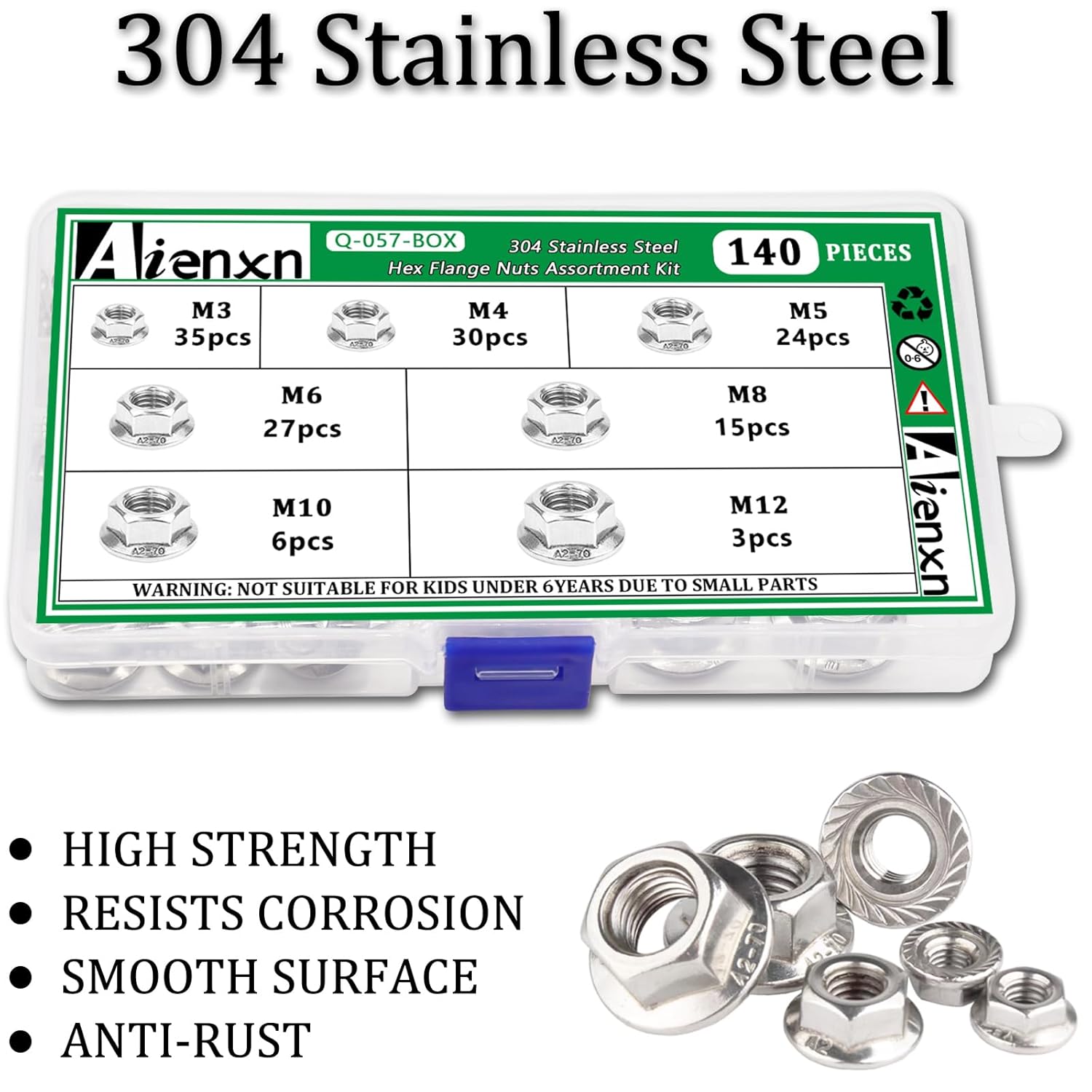 140PCS 7 Metric Sizes 304 Stainless Steel Hex Flange Nuts Assortment Kit -M3, M4, M5, M6, M8, M10, M12