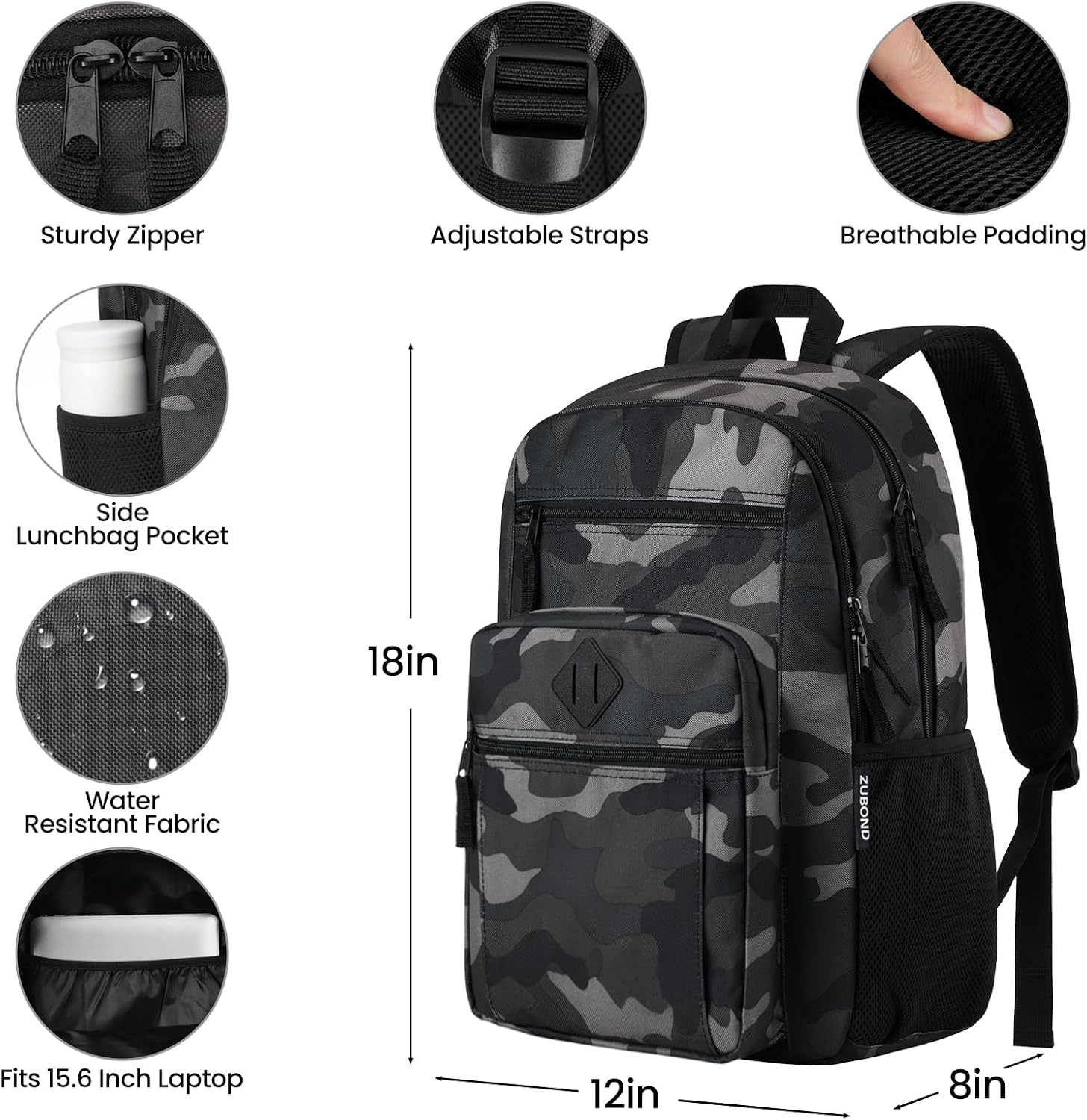 ZUBOND Unisex Backpack for School, Lightweight Boys Girls Backpack Fits 15.6 Inch Notebook, Water Bottle Pocket - Ideal for Teens, College Students, Adults