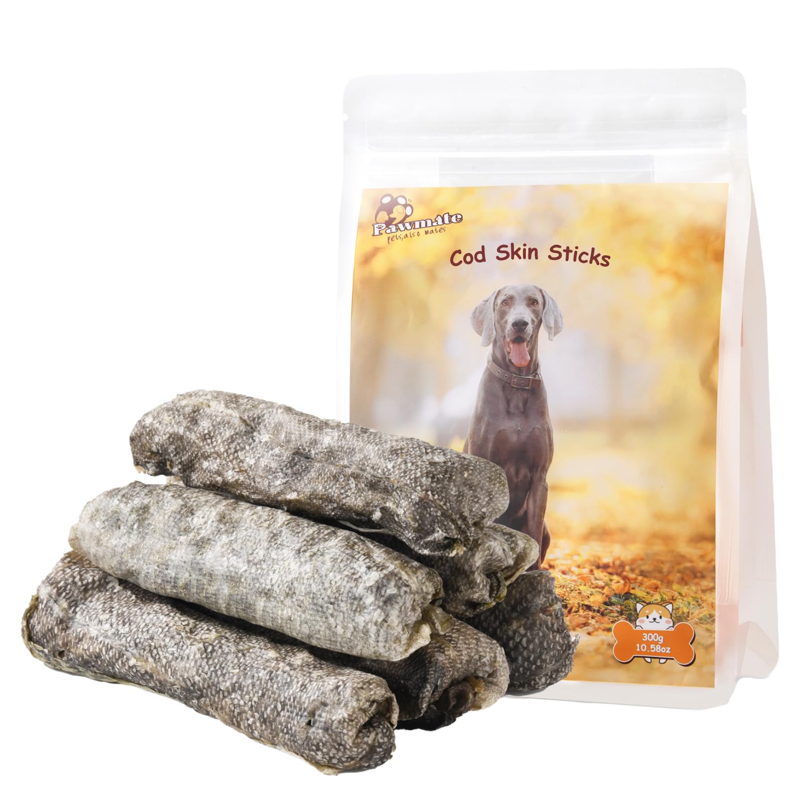 Pawmate Dog Treats Natural Cod Skin Rolls, Rawhide-Free Chewy Fish Skin Dog Chews for Medium Large Breeds, One-Ingredient Healthy Training Treats Rich