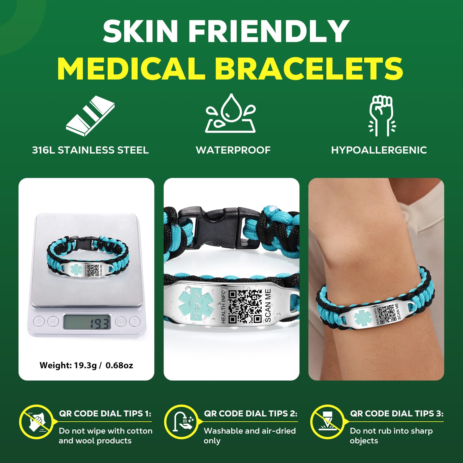 Bracelets médicaux pour homme et femme avec code QR - Bracelet d'identification médicale en nylon imperméable pour poignets jusqu'à 17,8 cm - Plus d'espace - Informations d'identification