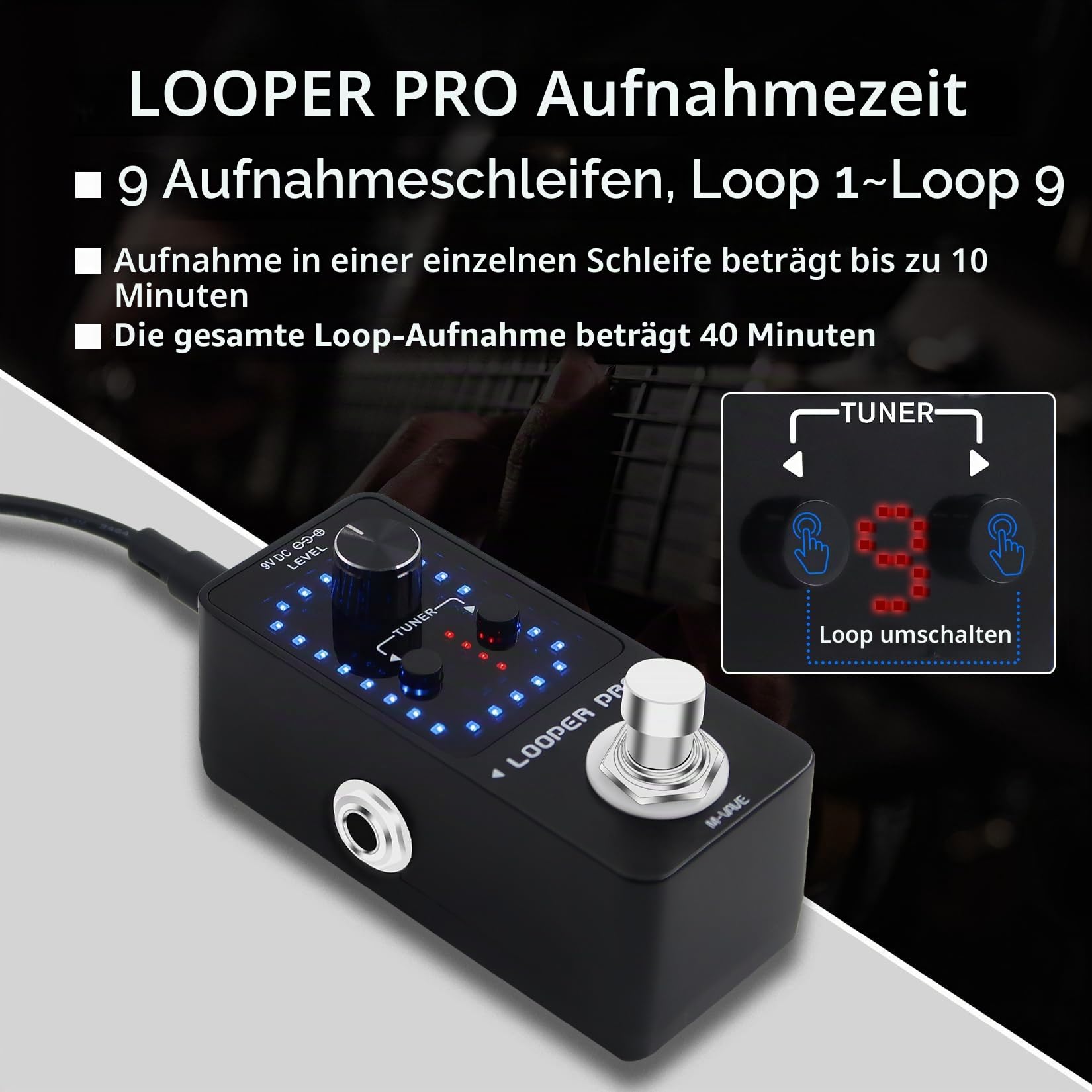 M-VAVE Loop Pedal Pro - 40 Minuten Looping Time 9 Loops Professional Guitar Looper Pedal mit Tuner für E-Gitarre One-Step Looping Unlimited Overdubs Undo Redo