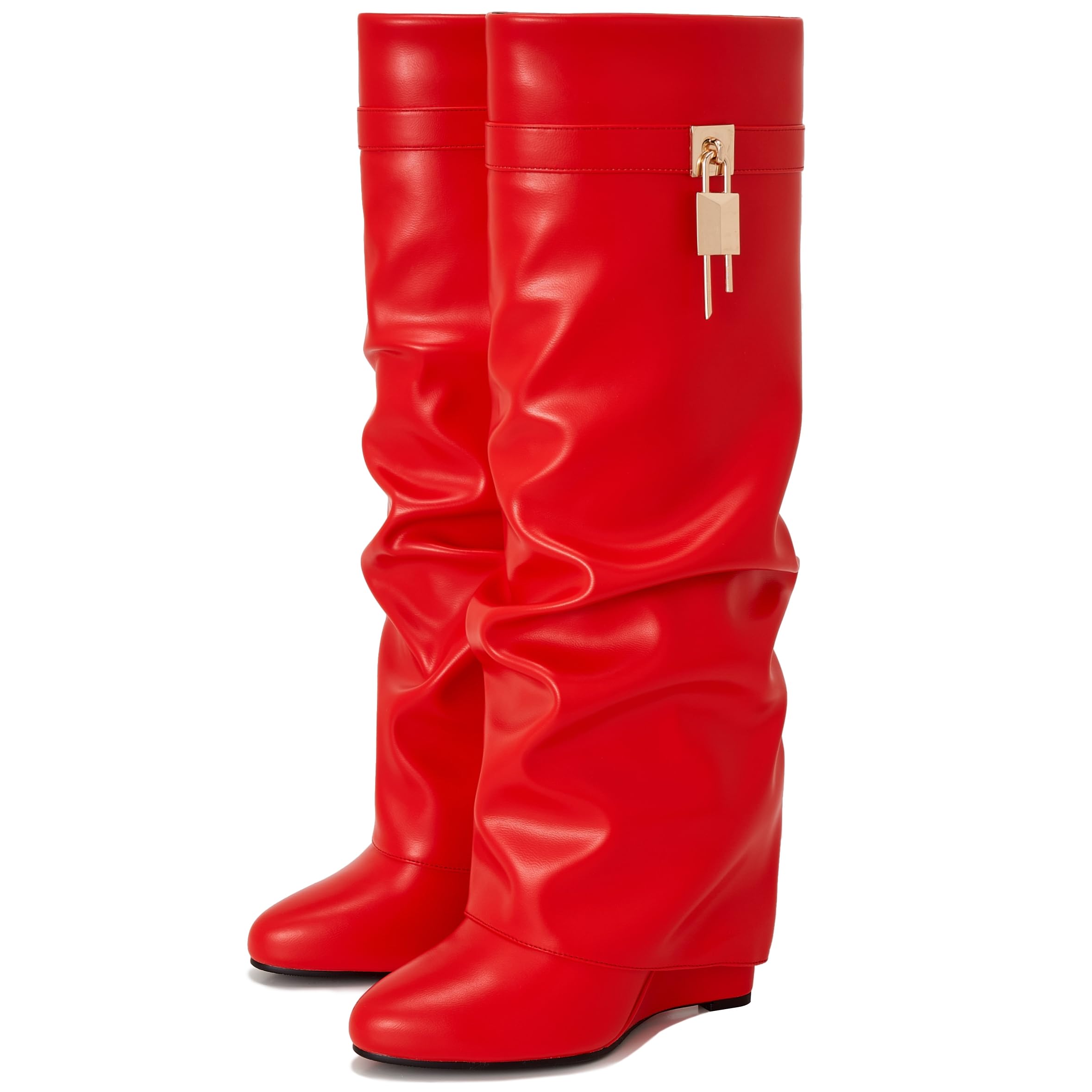 Women's Fold Over Knee High Shark Boots 4-Inch Wedge Heel Side Zipper