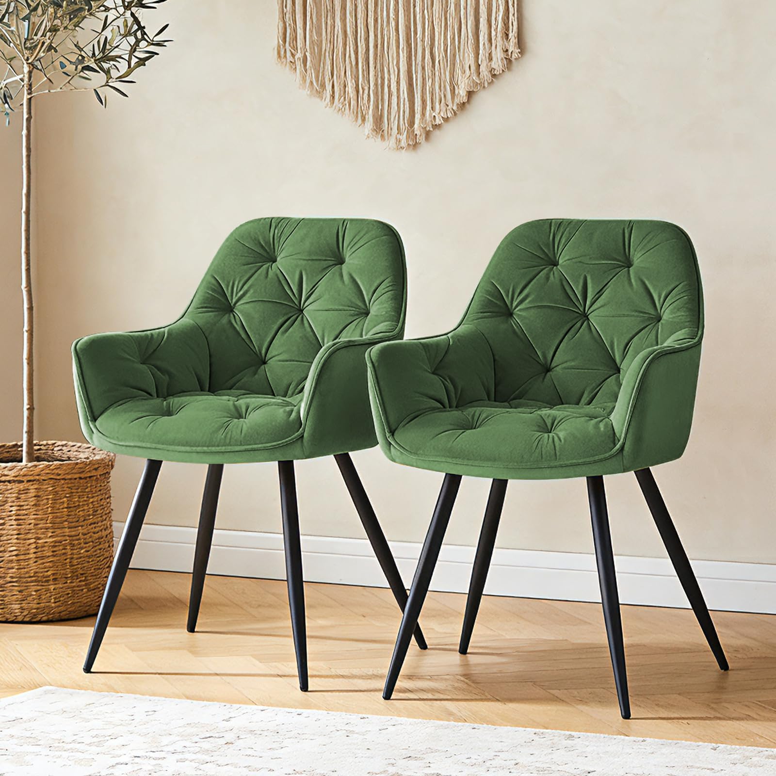 ZOONFA Upholstered Dining Chairs Set of 2 with Thick Padded Velvet Kitchen Tub Chair with Backrest Armchairs with Black Metal Legs Accent Chairs for Living Room Office (Grass Green)