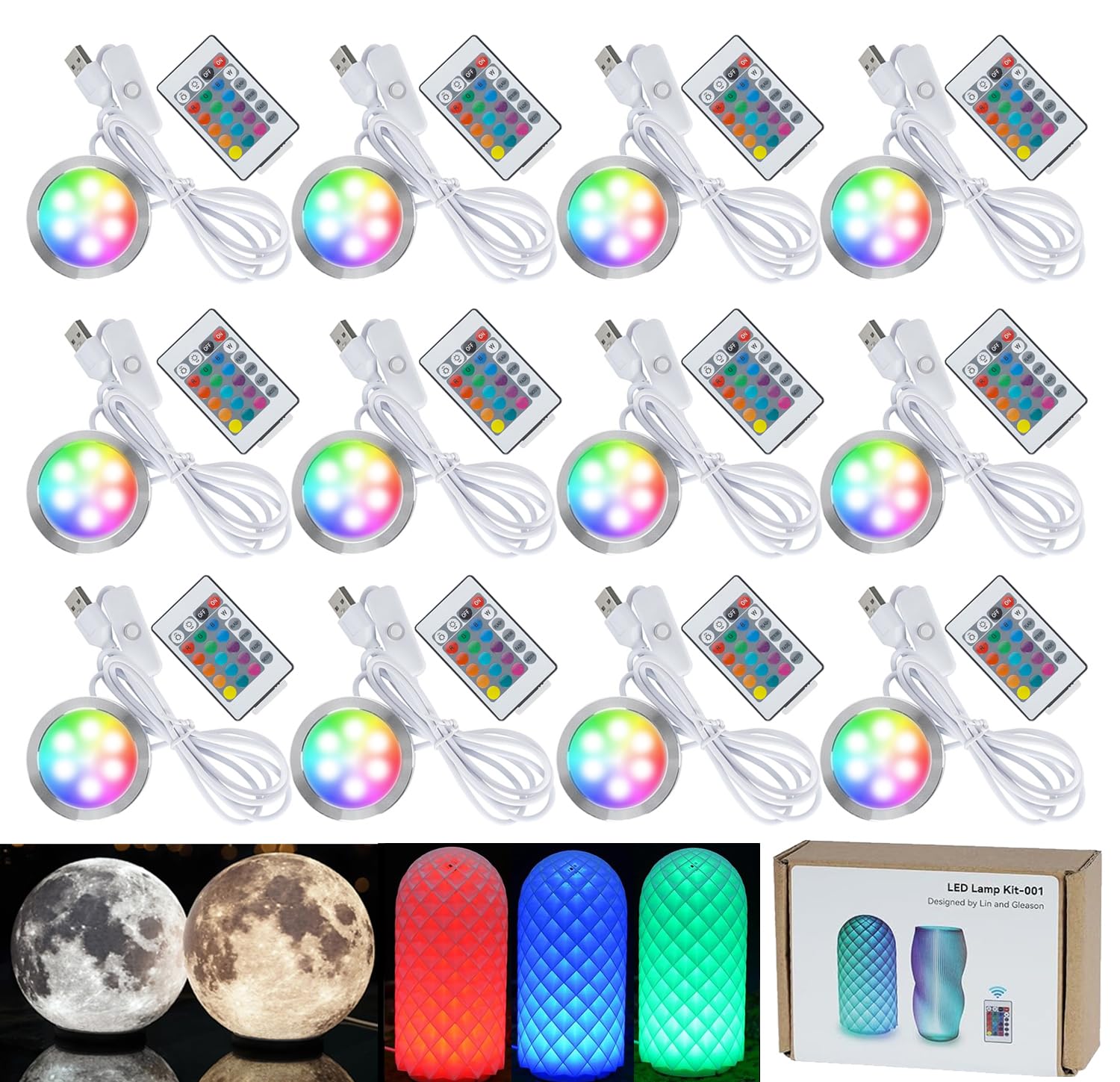 12x Kit de Lámpara LED RGB 001 para Bambu-Lab A1 mini/A1/P1S/P2S/X1C/X1E/X2D y Makerworld para impresiones 3D, memoria de color, mando a distancia, repuestos DIY para modelos de hardware