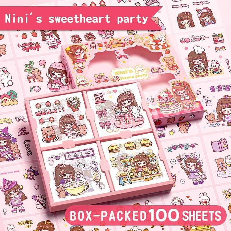 Image of FAMOUS QUALITY Sweet Party Theme Kawaii Self Adhesive Floor Stickers -100 Sheets Cute Washi for Project, Japanese Style Girls Sticker Set, Scrapbooking, DIY Arts Crafts 18 x 18 x 2 cms,