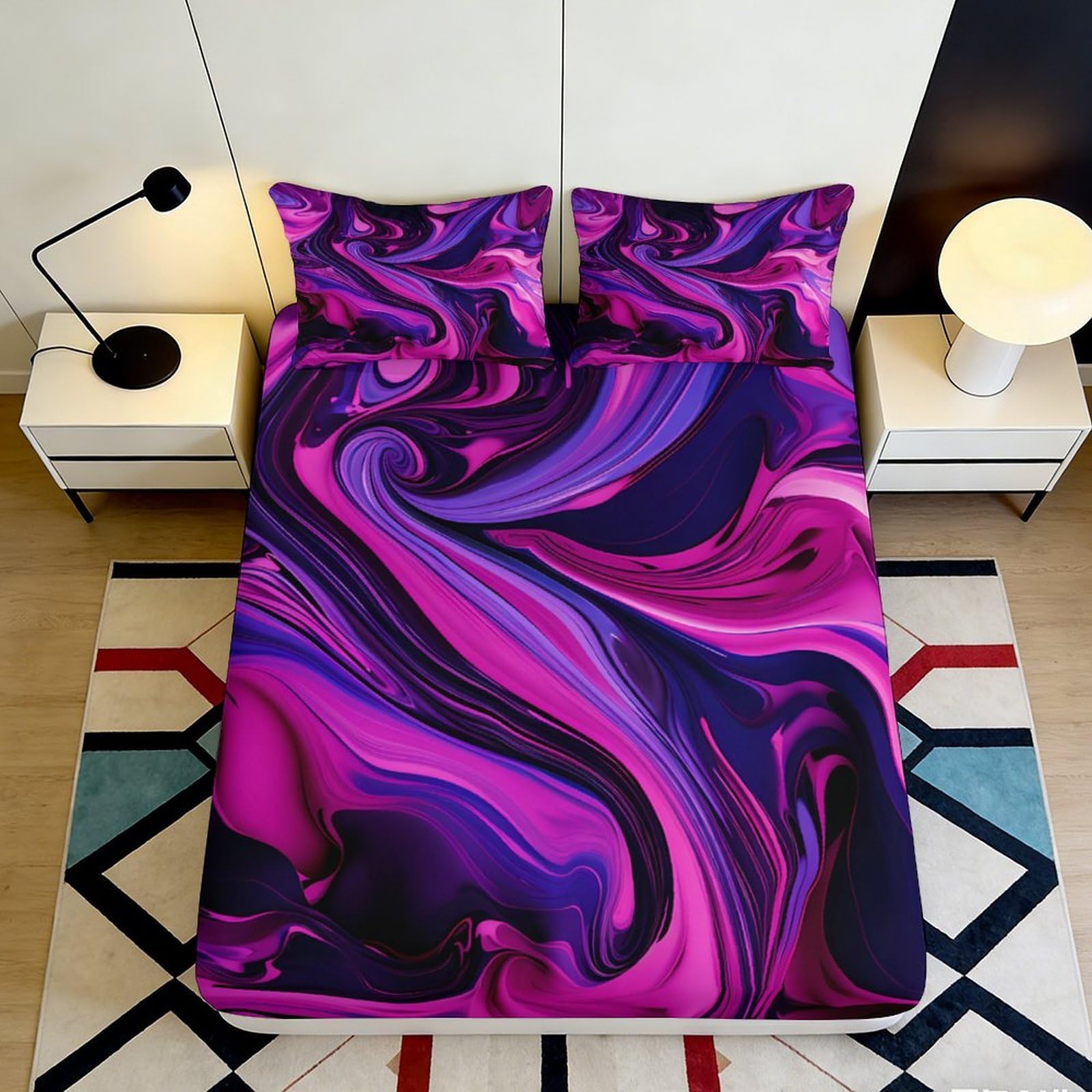3D Printed Purple Swirl Fitted Sheet Microfiber Soft Mattress Cover Magenta Marble Bed Sheet Bedroom Decor 90x200x25cm
